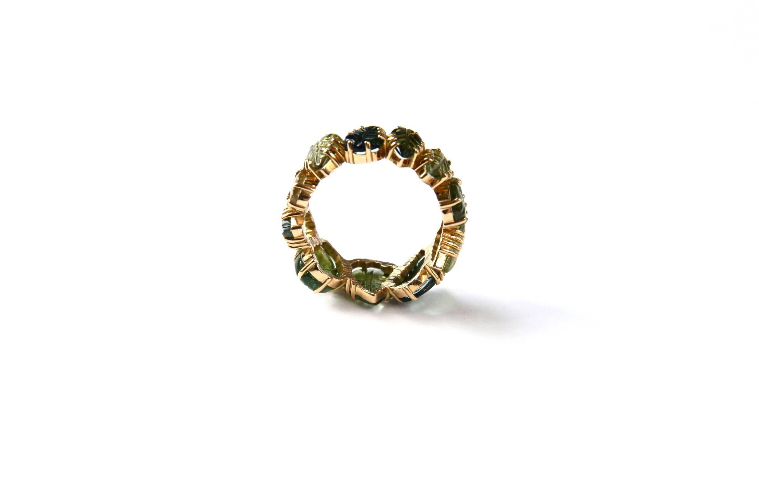 Single Cut Tourmaline Carved Leaf 18 Karat Gold Band Ring For Sale