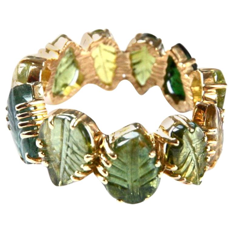 Tourmaline Carved Leaf 18 Karat Gold Band Ring