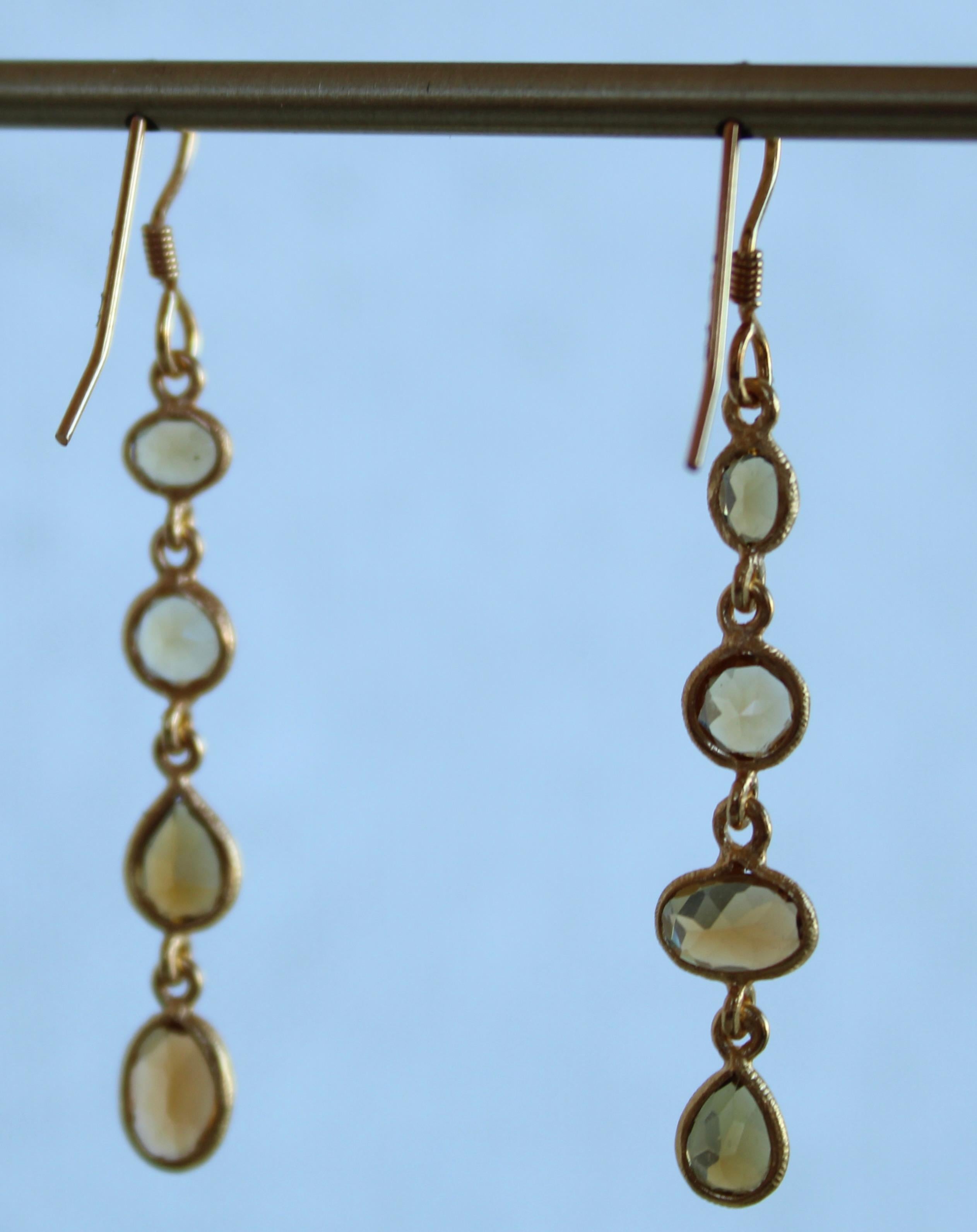 Tourmaline & Citrine 14K Gold Asymmertrical Four Stone Dangle Earrings In New Condition For Sale In Amagansett, NY