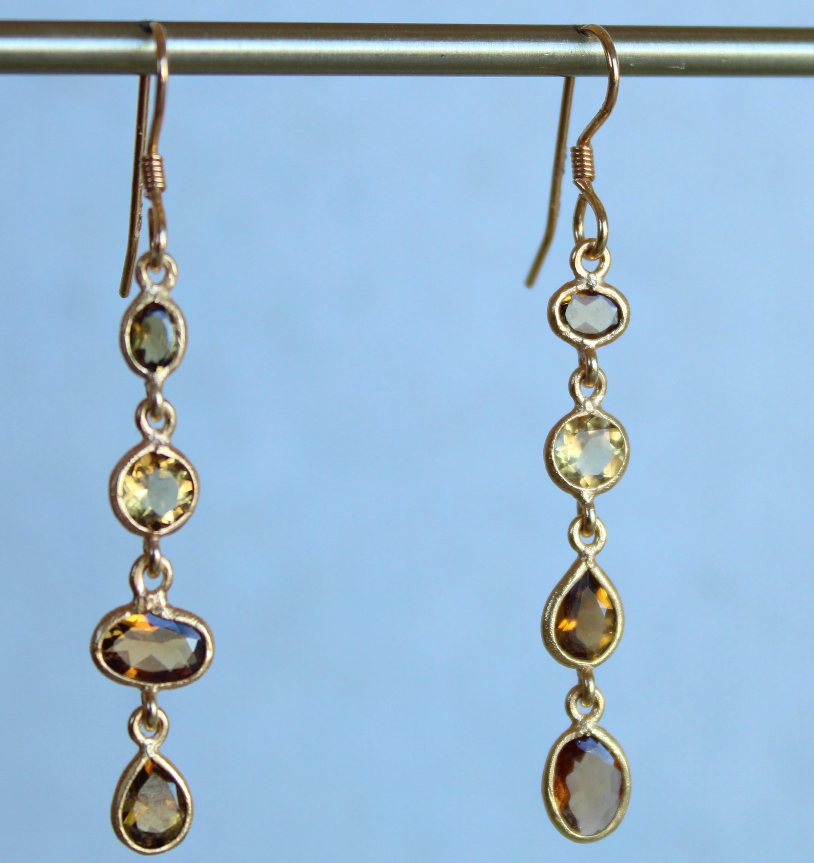 Women's Tourmaline & Citrine 14K Gold Asymmertrical Four Stone Dangle Earrings For Sale