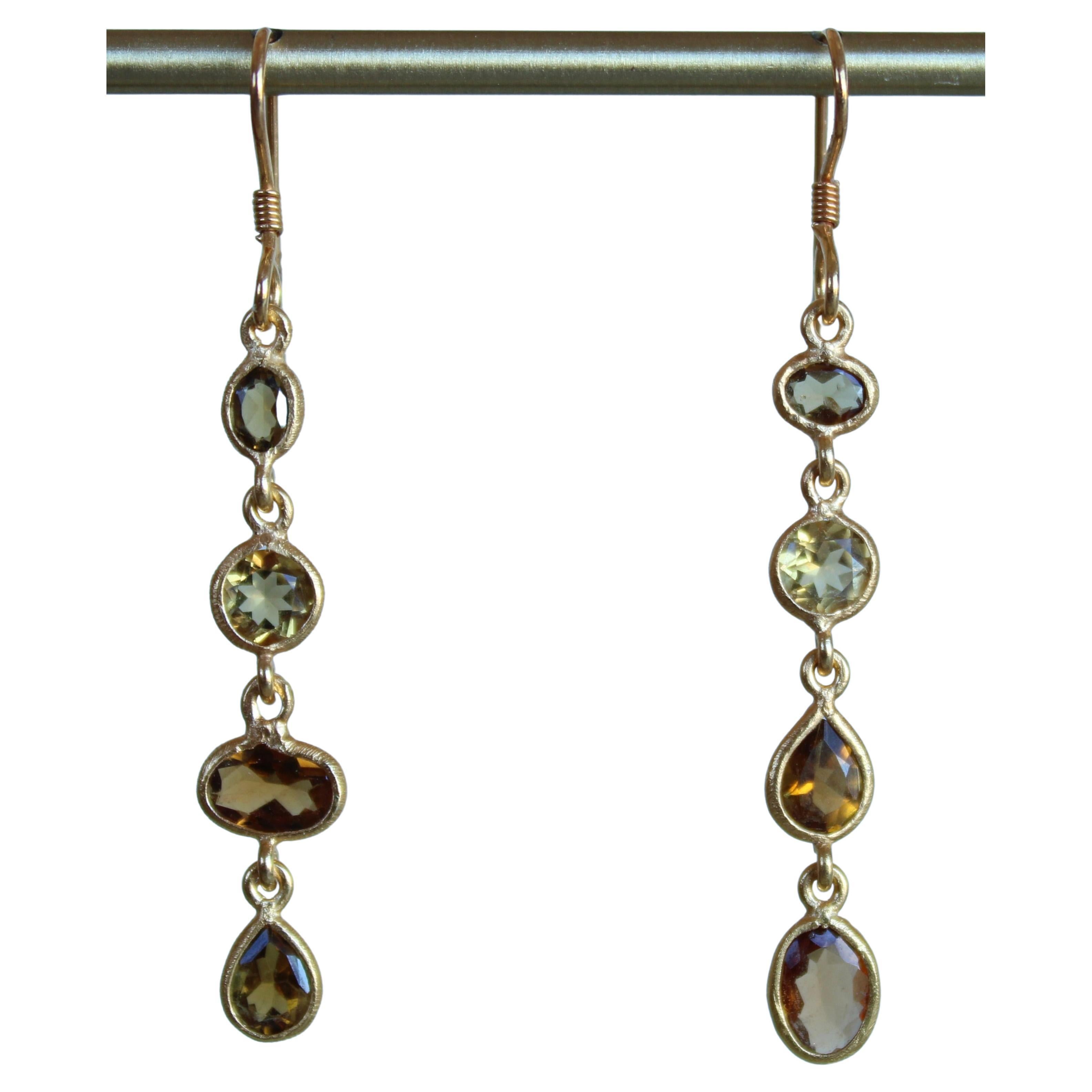 Tourmaline & Citrine 14K Gold Asymmertrical Four Stone Dangle Earrings For Sale