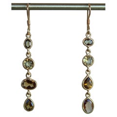 Tourmaline & Citrine 14K Gold Asymmertrical Four Stone Dangle Earrings