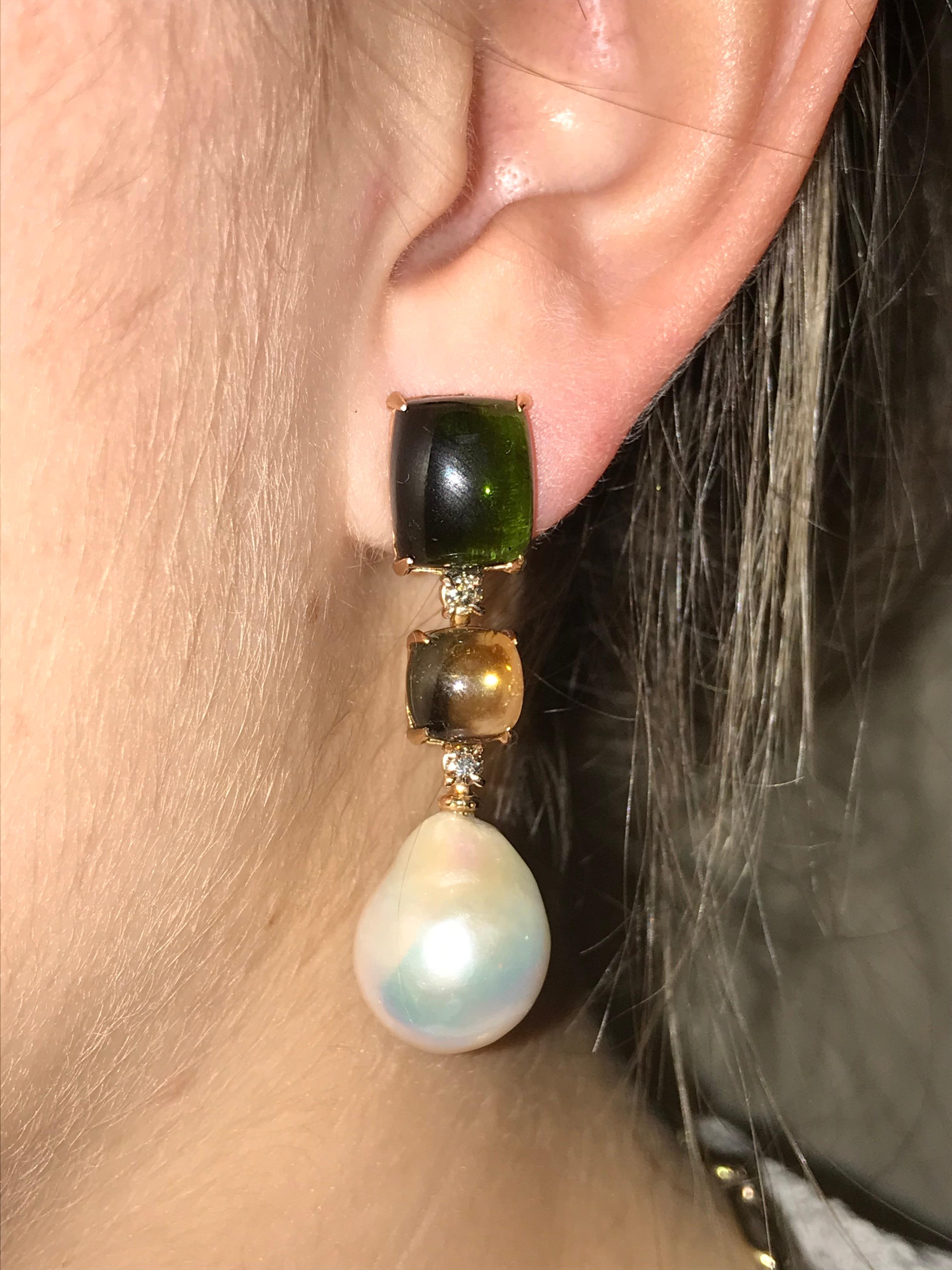Tourmaline, Citrine, Brown Diamonds, Baroque Pearls on Gold Chandelier Earring 5