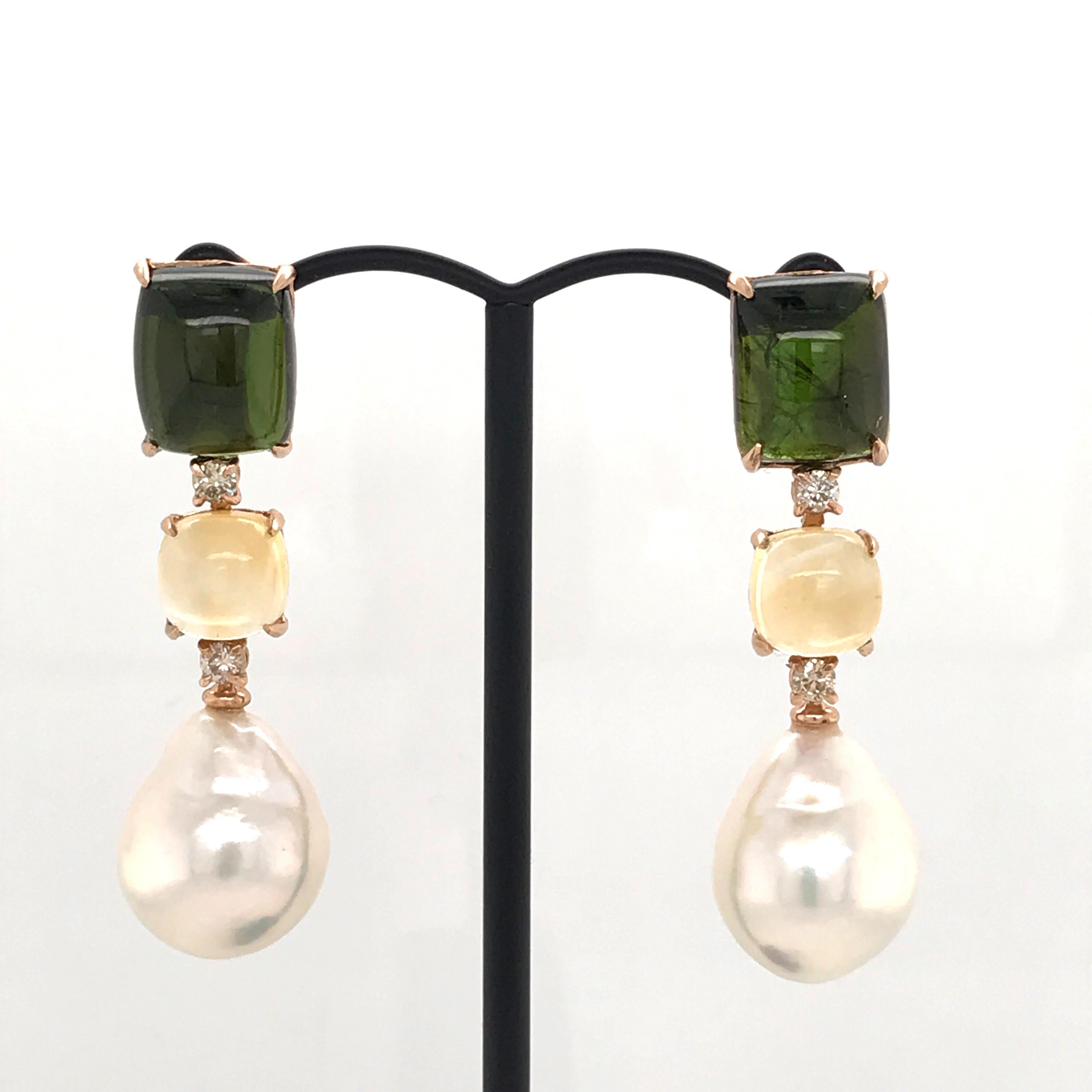 Contemporary Tourmaline, Citrine, Brown Diamonds, Baroque Pearls on Gold Chandelier Earring