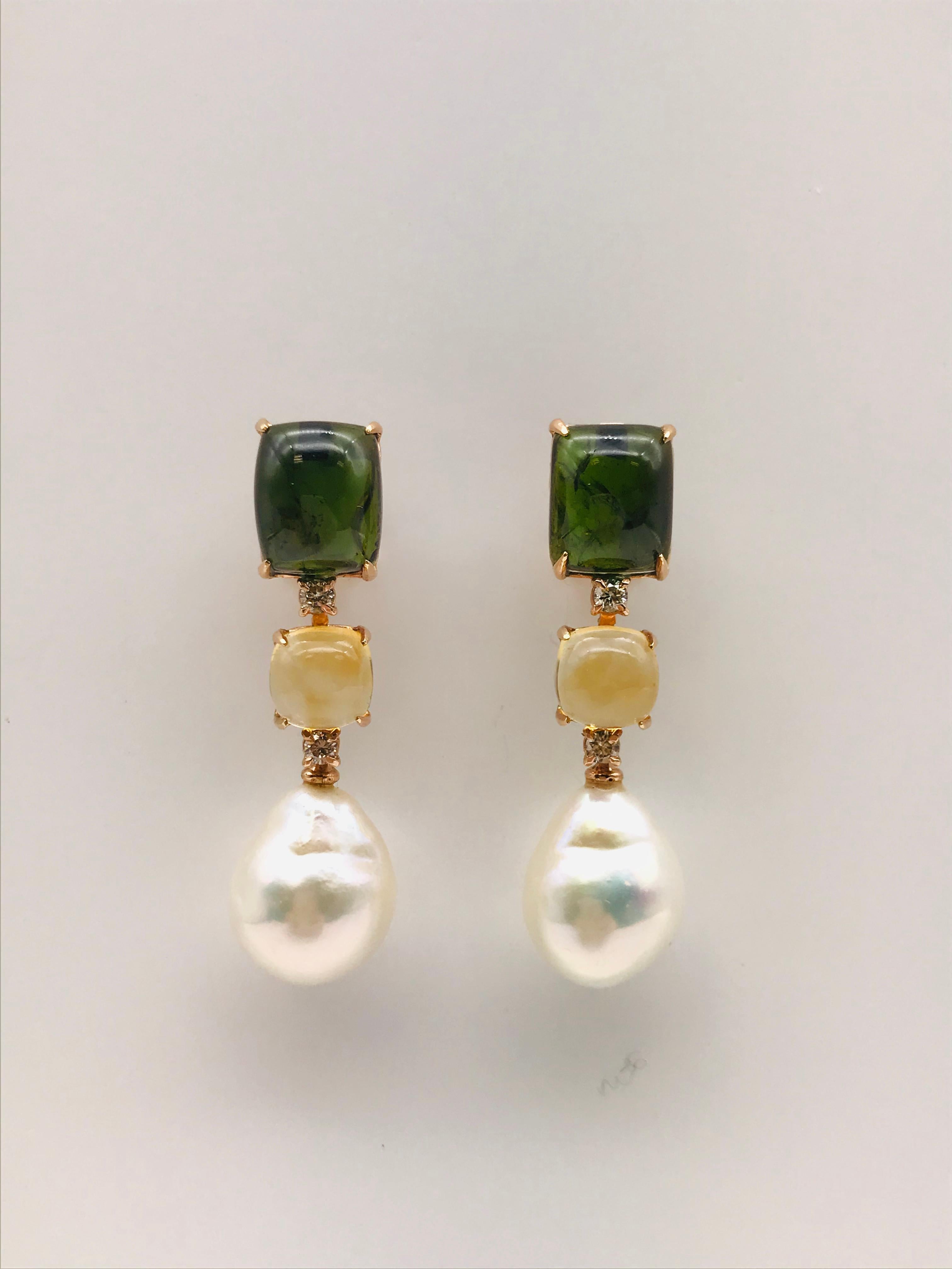 Green Tourmaline, Citrine, and Brown Diamonds with Baroque Pearls on Gold Chandelier Earring 
Natural Green Tourmaline 
Natural Citrine 
Brown Diamonds 
Yellow Gold 18k 5.40 Grams 
Chandelier Earrings
Can be adapted to ear not pierced
