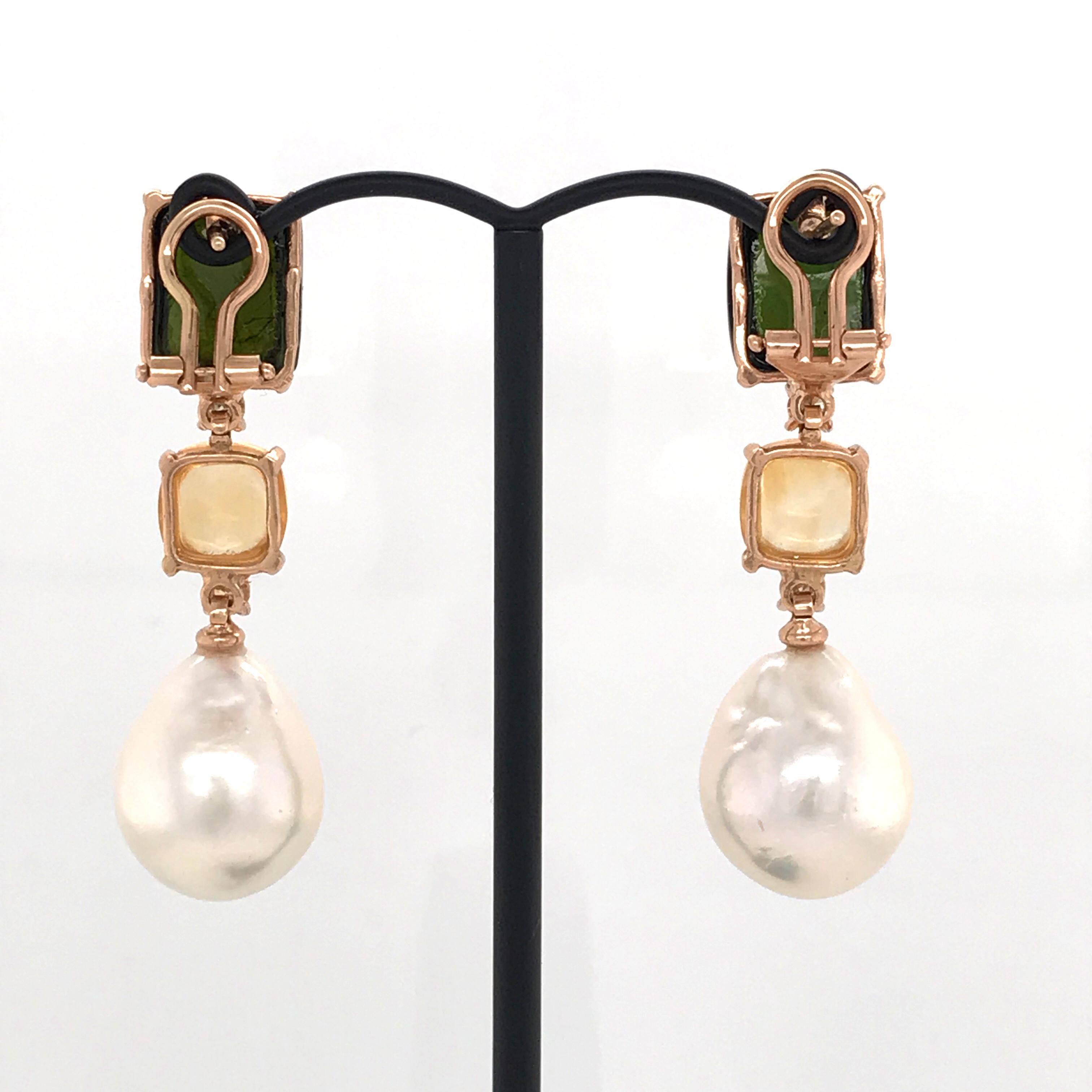 Tourmaline, Citrine, Brown Diamonds, Baroque Pearls on Gold Chandelier Earring 1