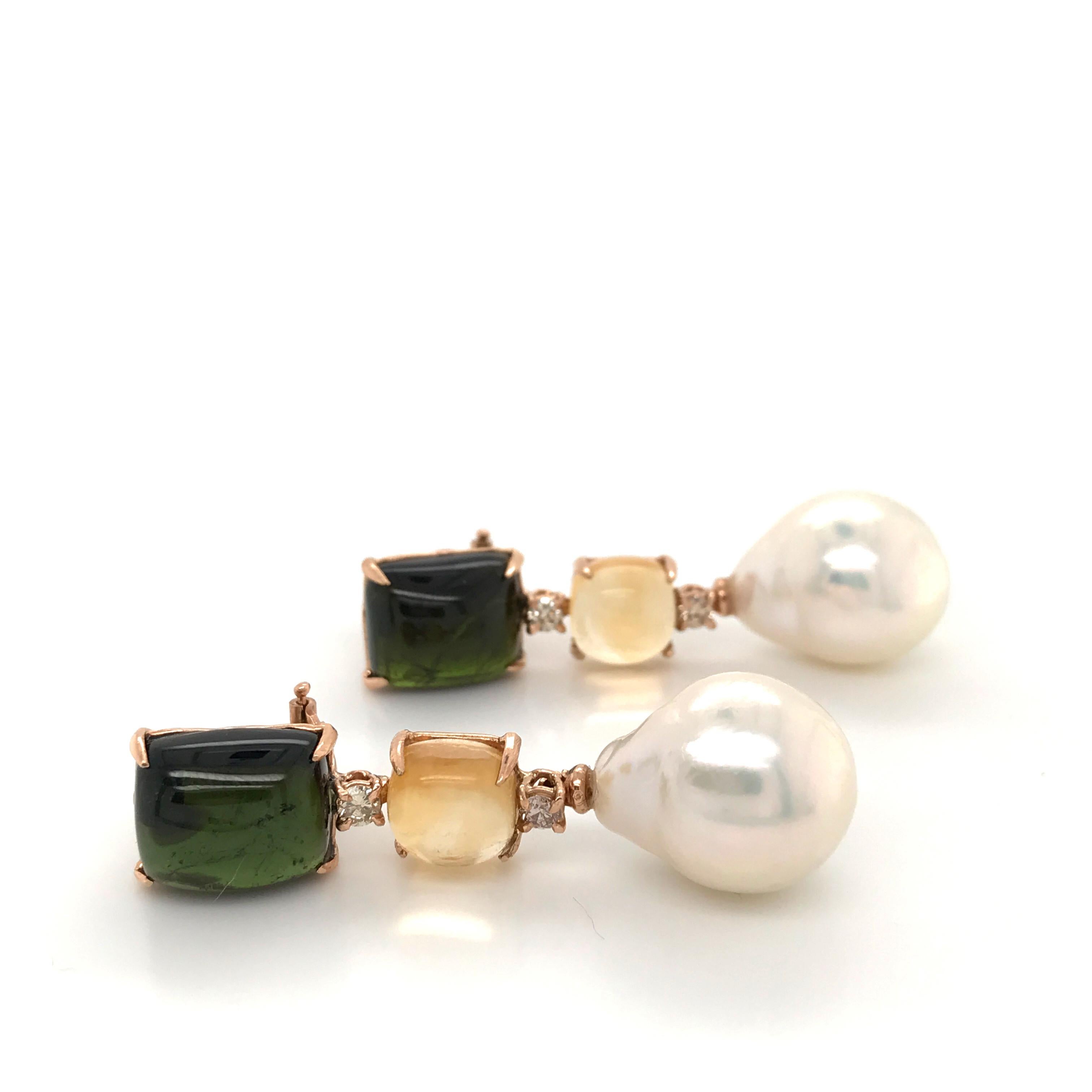 Tourmaline, Citrine, Brown Diamonds, Baroque Pearls on Gold Chandelier Earring 4