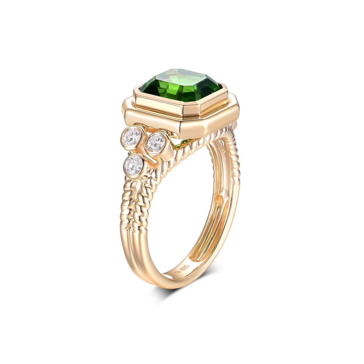 This is an exquisite Tourmaline Cocktail Ring crafted in 18-karat yellow gold, showcasing a splendid example of fine jewelry design. The ring features a magnificent 3.34-carat tourmaline as its centerpiece. This tourmaline is cut into a classic