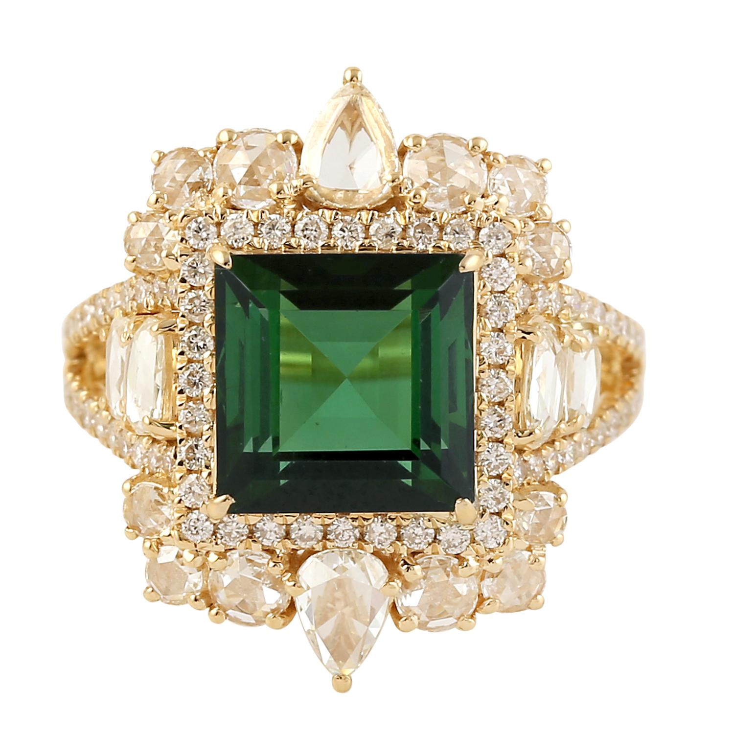 Bague cocktail en or jaune 18 carats avec tourmaline et diamants entourés en vente 1
