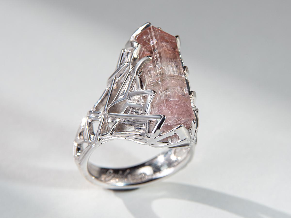 Women's or Men's Tourmaline Crystal Ring Silver Raw Uncut Rubellite Blush Pink Healing Magic Art For Sale