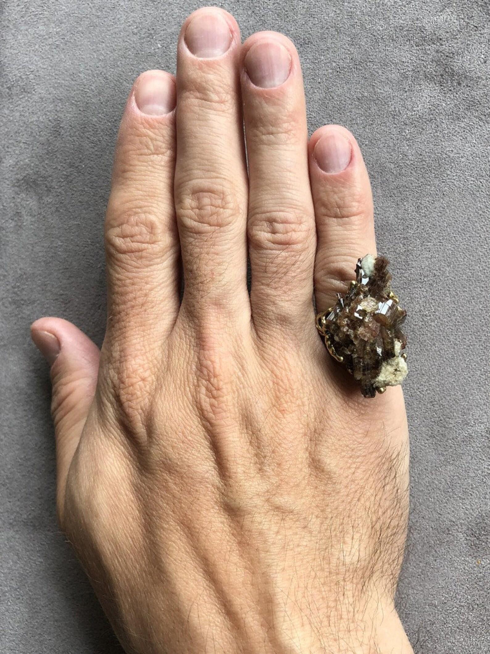 Artisan Tourmaline Crystals Silver Ring Natural Unisex Big Rare Gemstone gift vintage For Sale