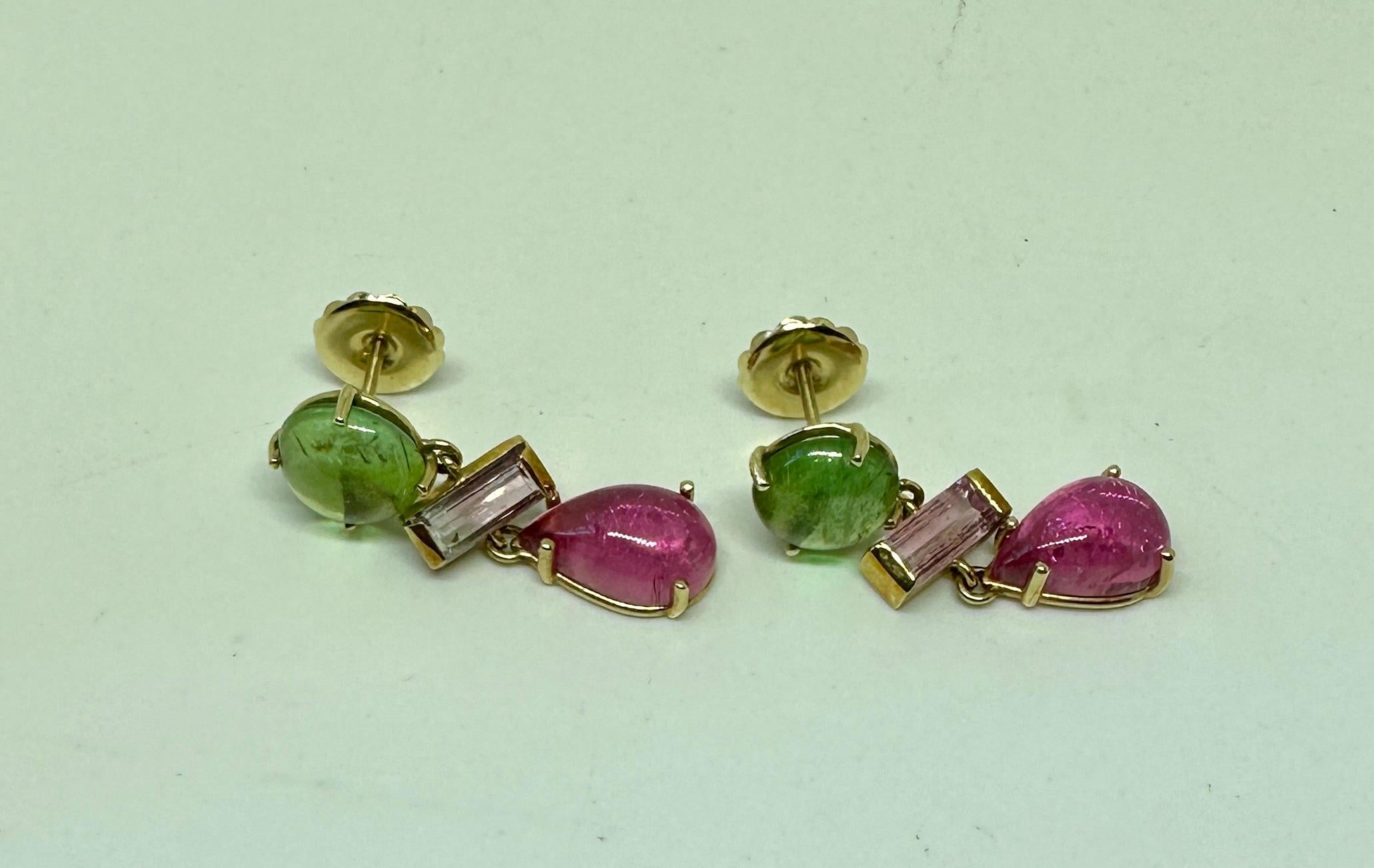 Tourmaline Dangle Drop Earrings 14 Karat Gold Green Watermelon Pink Tourmalines For Sale 4