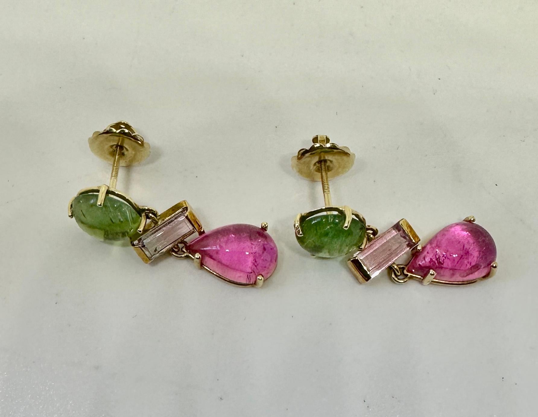 Tourmaline Dangle Drop Earrings 14 Karat Gold Green Watermelon Pink Tourmalines For Sale 5