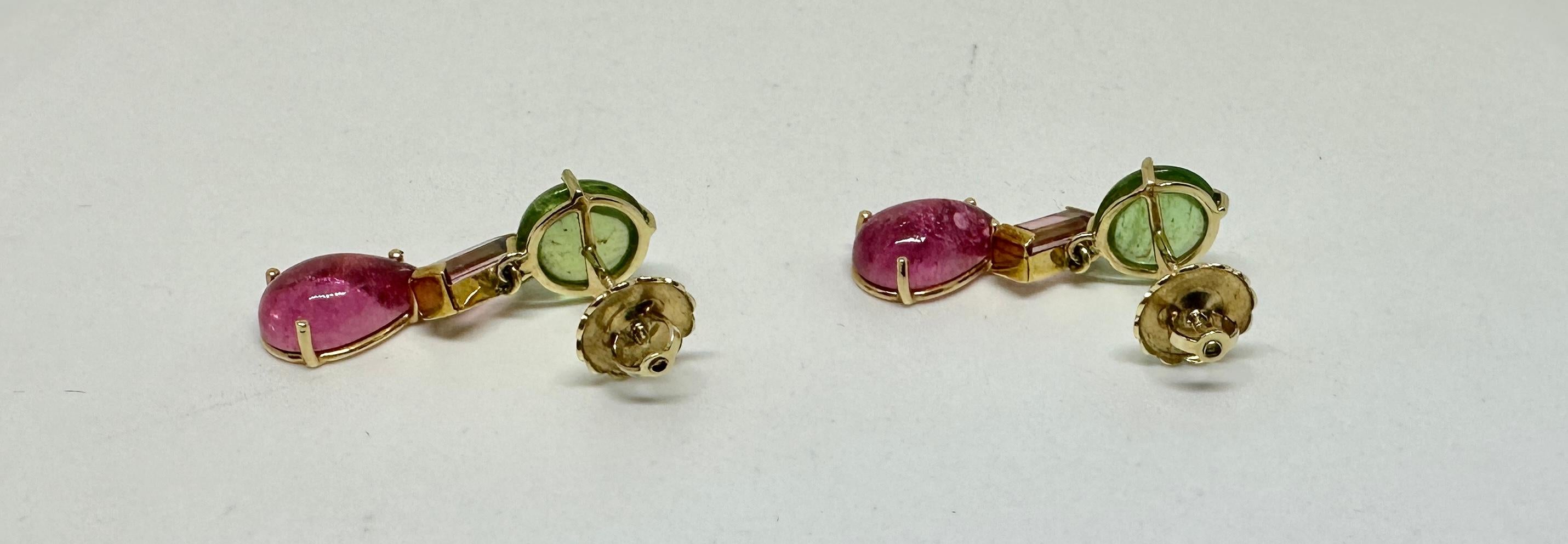 Tourmaline Dangle Drop Earrings 14 Karat Gold Green Watermelon Pink Tourmalines For Sale 6