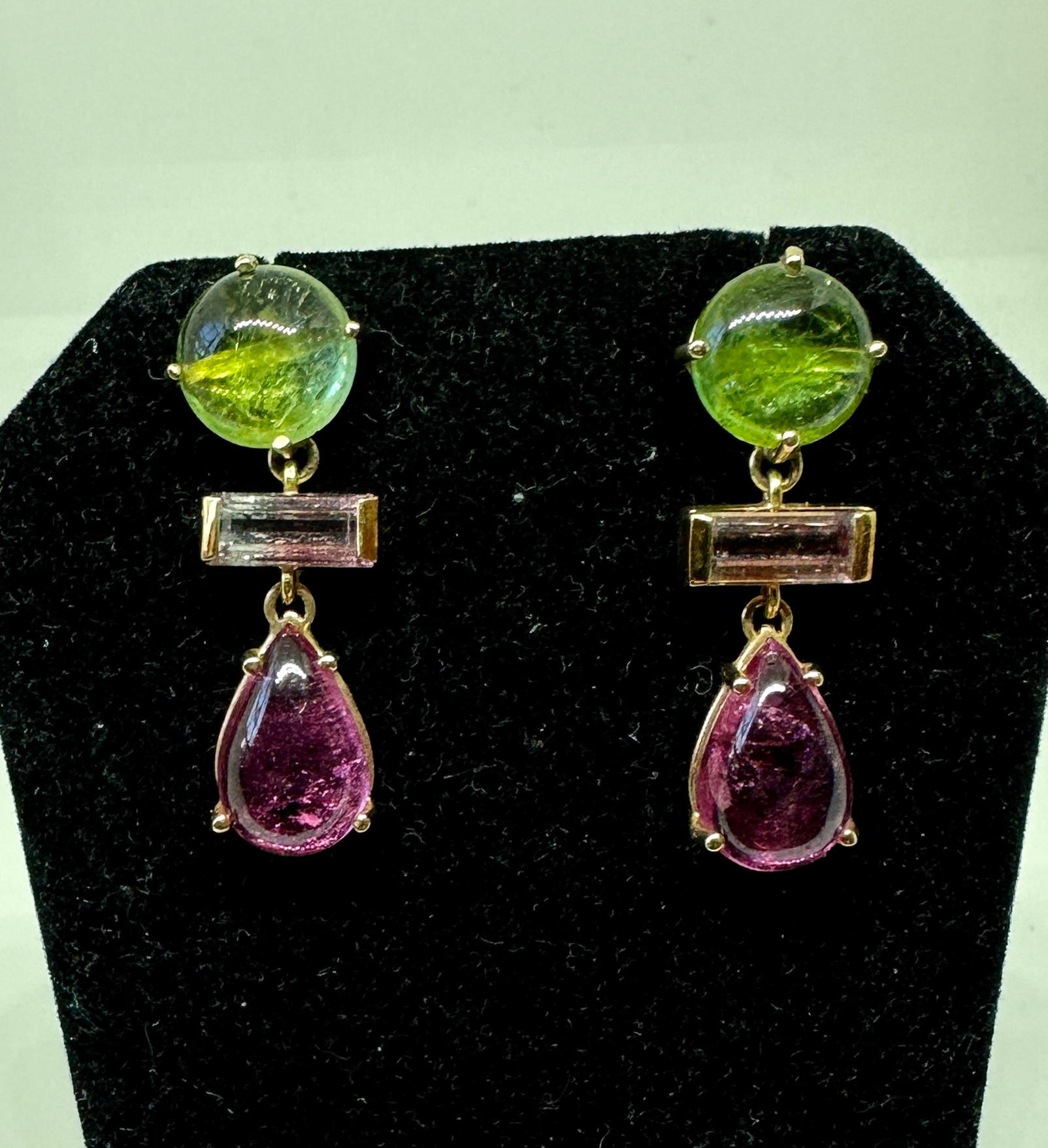 Retro Tourmaline Dangle Drop Earrings 14 Karat Gold Green Watermelon Pink Tourmalines For Sale
