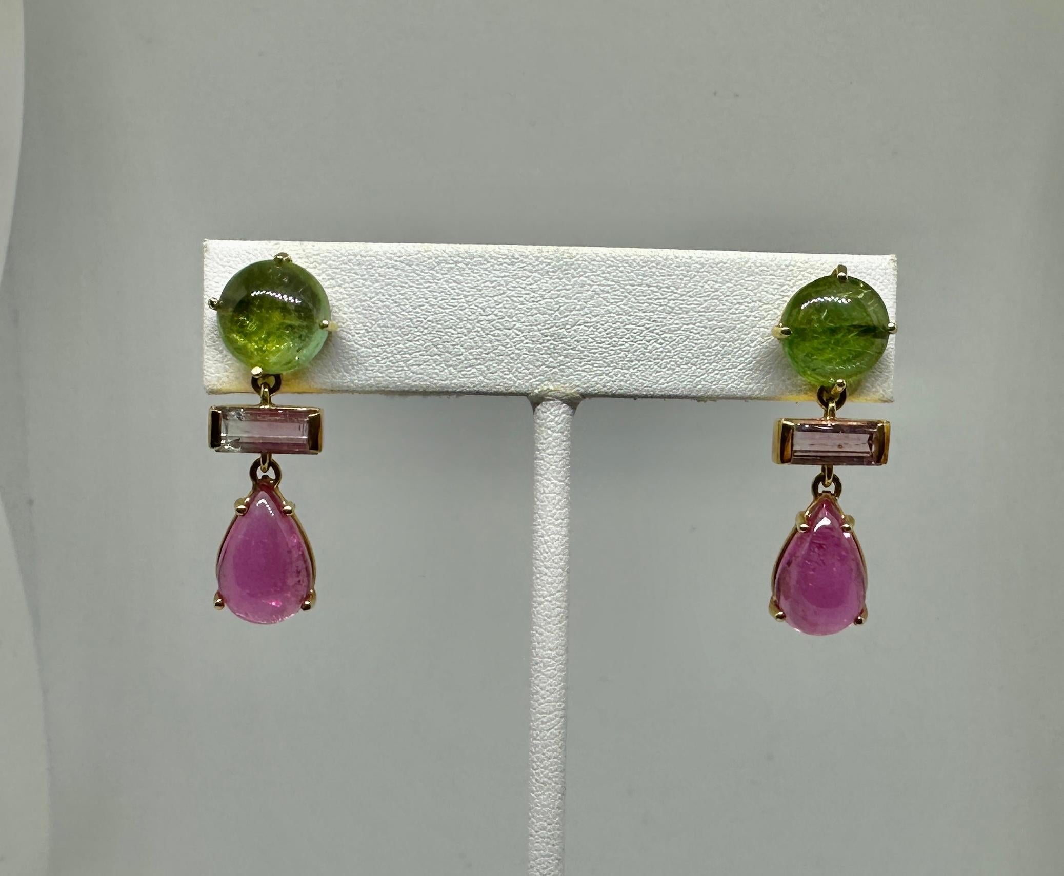 Cabochon Tourmaline Dangle Drop Earrings 14 Karat Gold Green Watermelon Pink Tourmalines For Sale