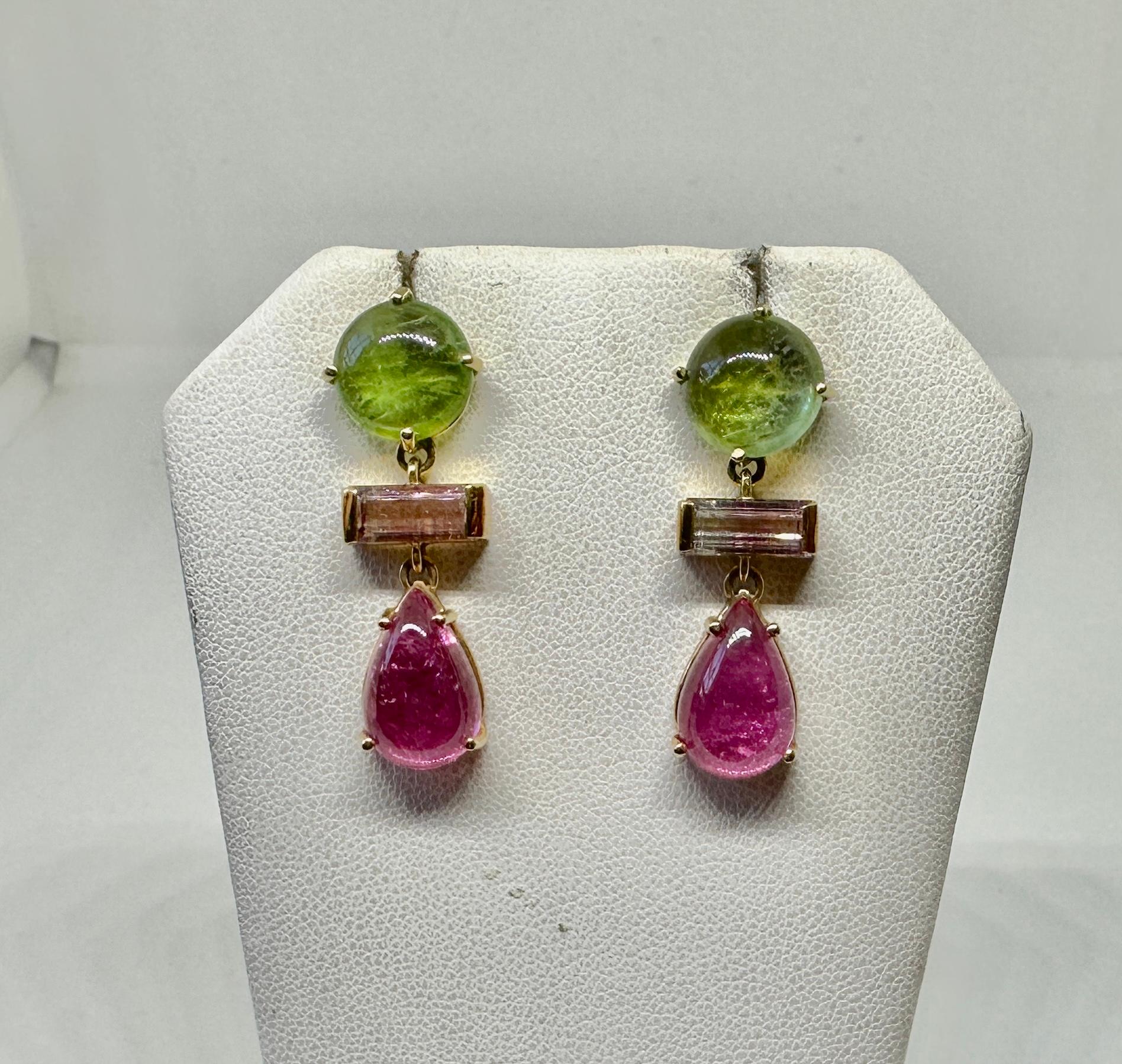 Women's Tourmaline Dangle Drop Earrings 14 Karat Gold Green Watermelon Pink Tourmalines For Sale