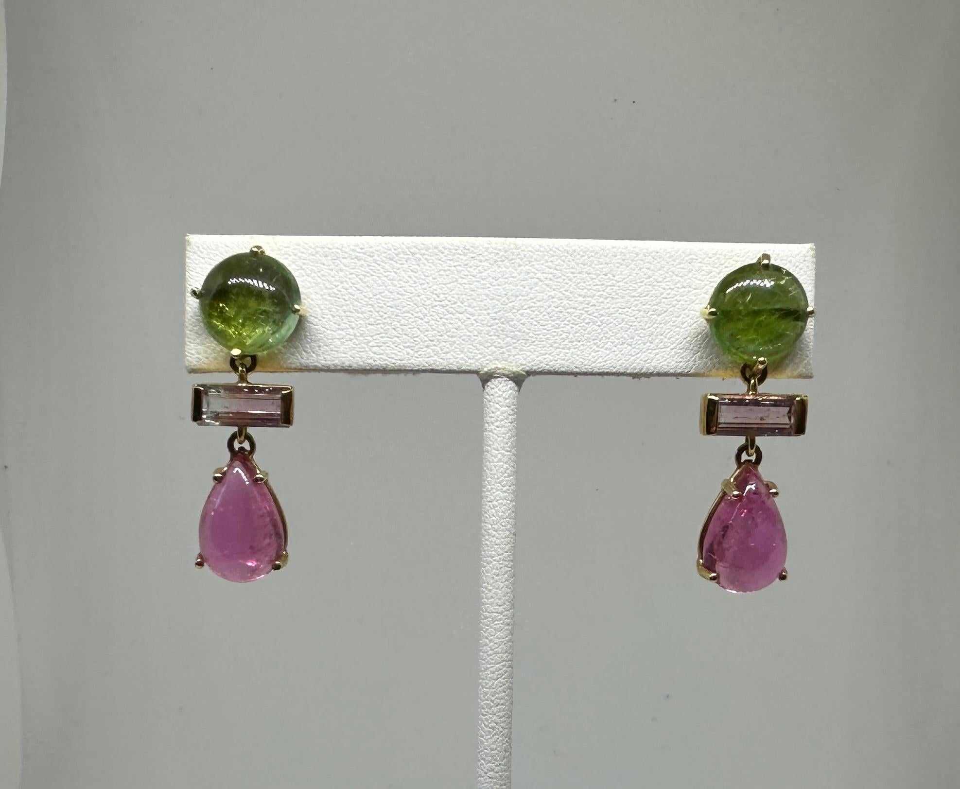 Tourmaline Dangle Drop Earrings 14 Karat Gold Green Watermelon Pink Tourmalines For Sale 1