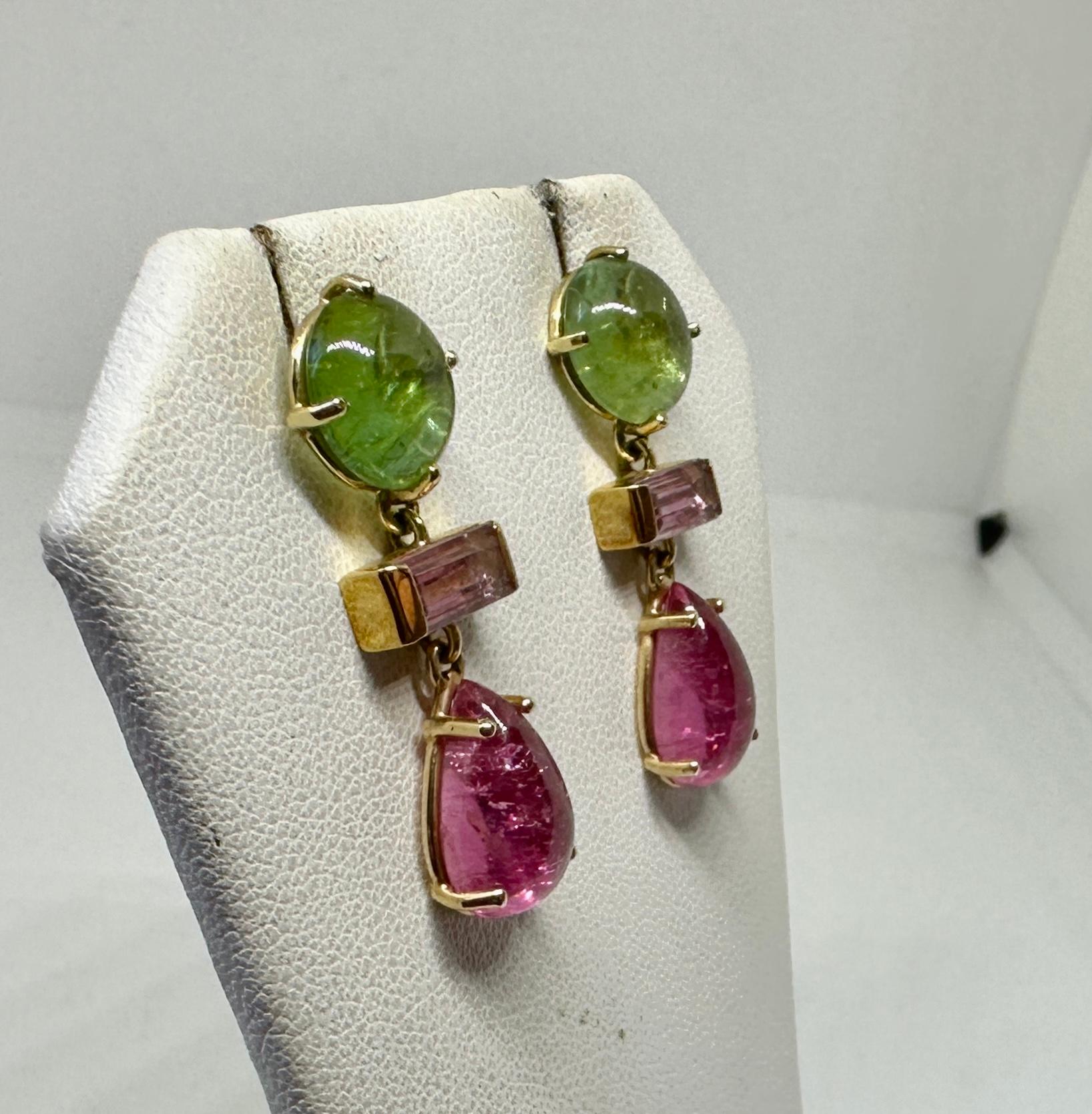 Tourmaline Dangle Drop Earrings 14 Karat Gold Green Watermelon Pink Tourmalines For Sale 2