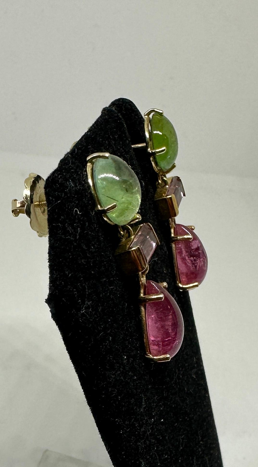 Tourmaline Dangle Drop Earrings 14 Karat Gold Green Watermelon Pink Tourmalines For Sale 3