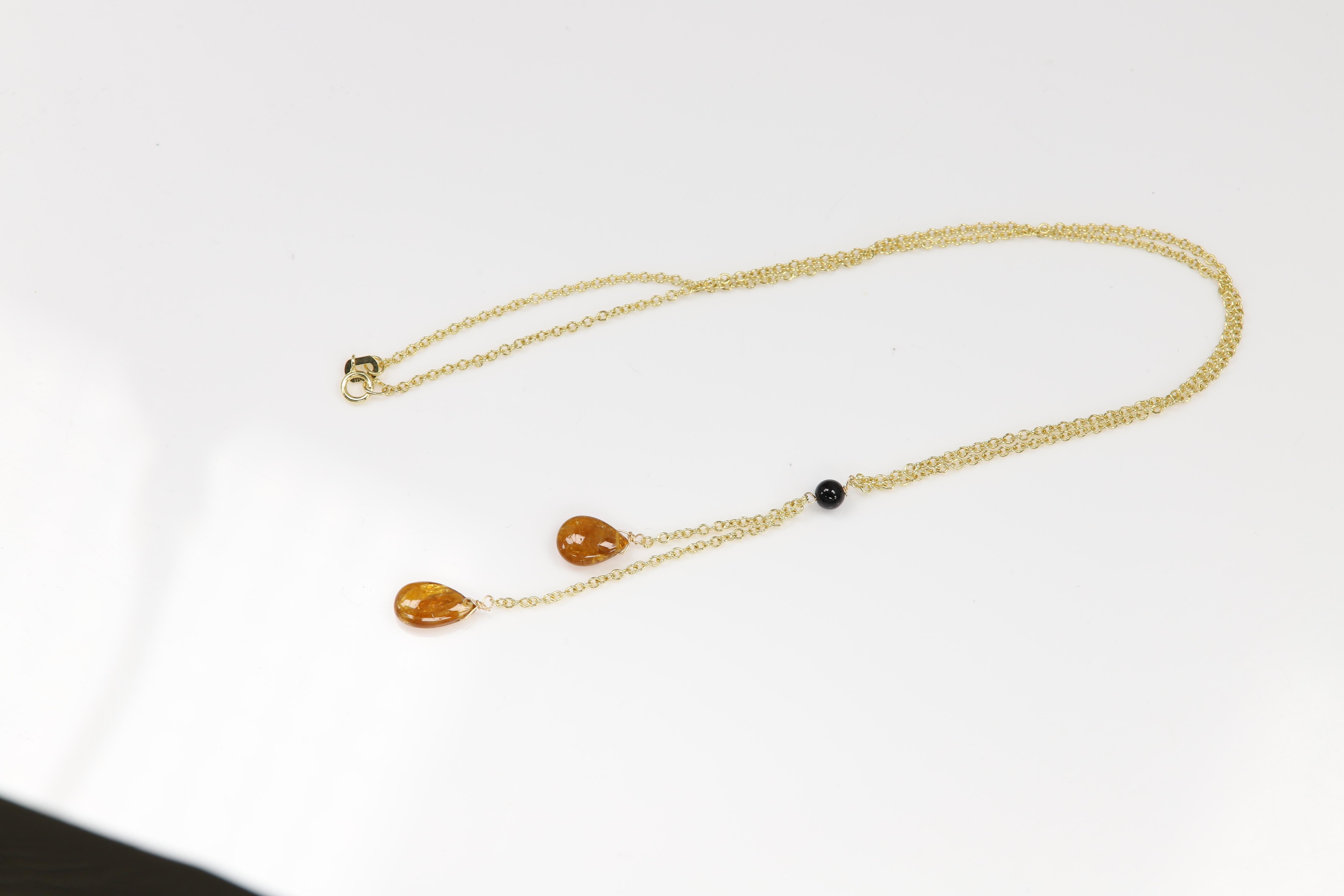 Tourmaline Dangle Necklace 14 Karat Yellow Gold Brown Tourmaline Gemstone Drops In New Condition For Sale In Brooklyn, NY