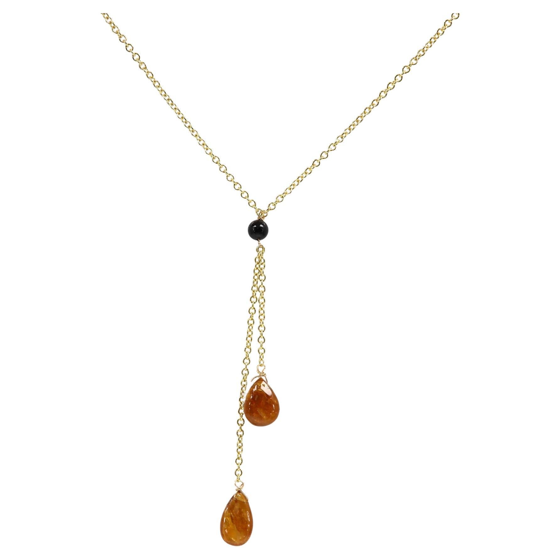 Tourmaline Dangle Necklace 14 Karat Yellow Gold Brown Tourmaline Gemstone Drops For Sale