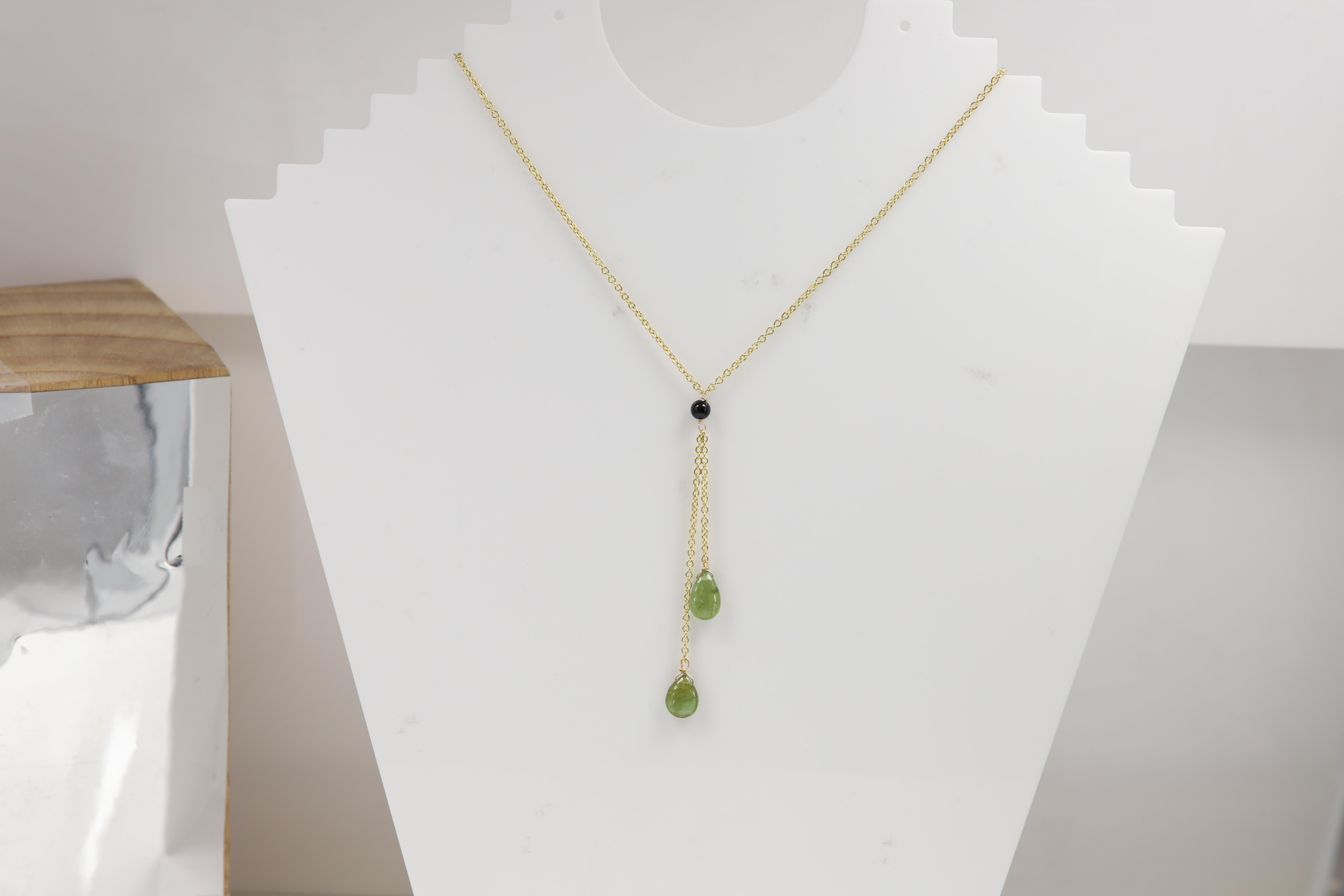Women's Tourmaline Dangle Necklace 14 Karat Yellow Gold Green Tourmaline Gemstone Drops For Sale