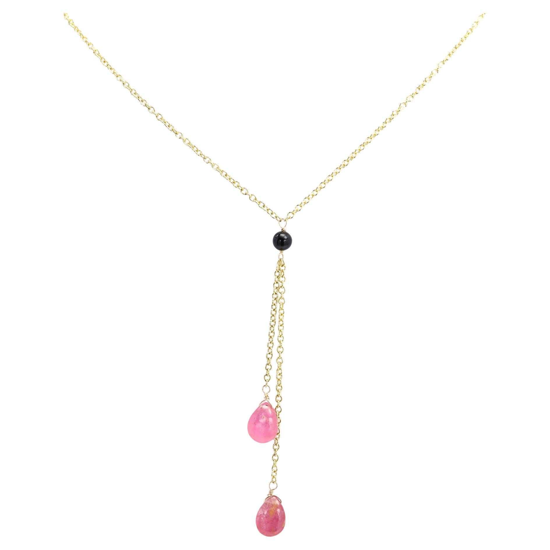 Tourmaline Dangle Necklace 14 Karat Yellow Gold Pink Gemstone Drops