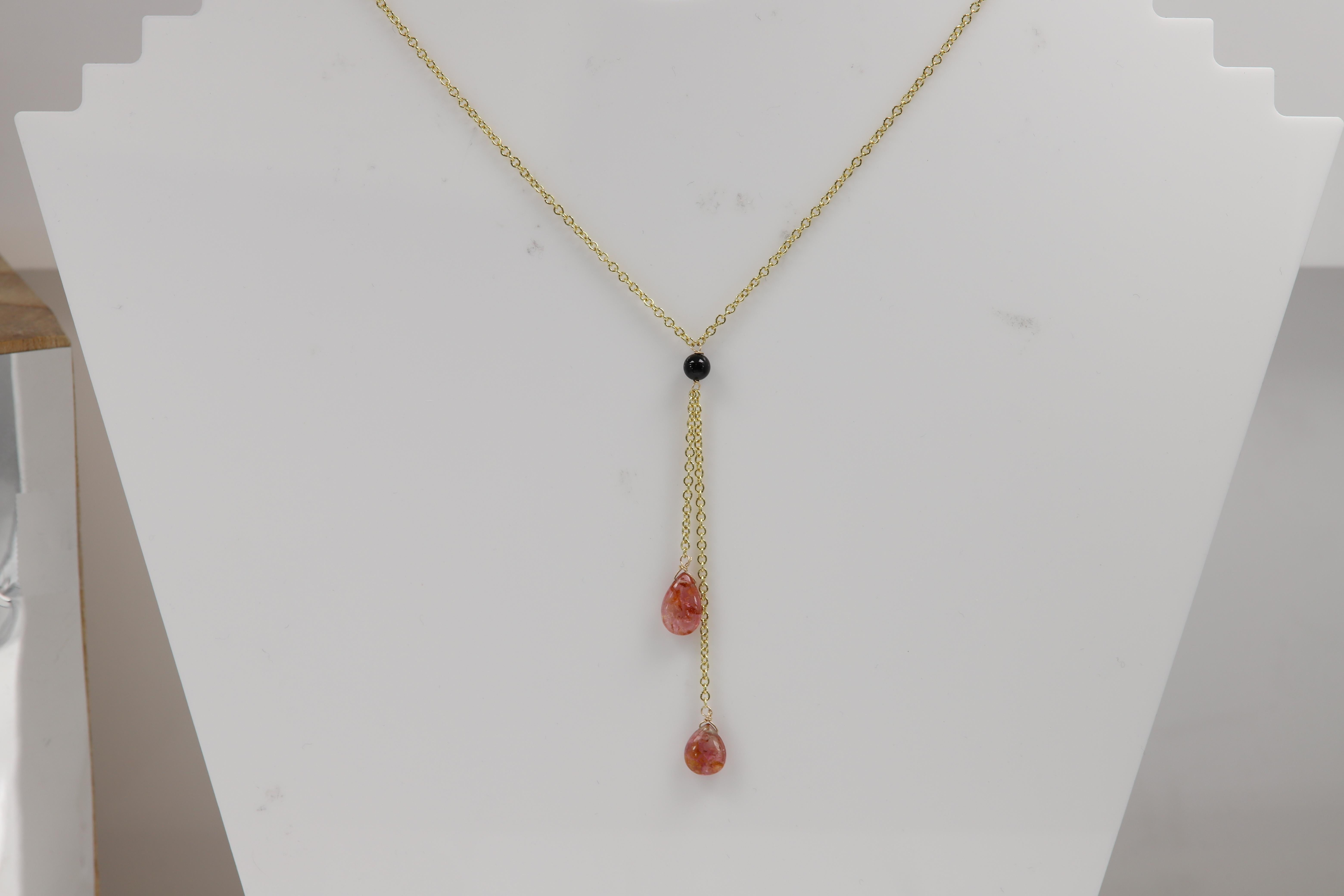 Tourmaline Dangle Necklace 14 Karat Yellow Gold Pink Tourmaline Gemstone Drops In New Condition For Sale In Brooklyn, NY