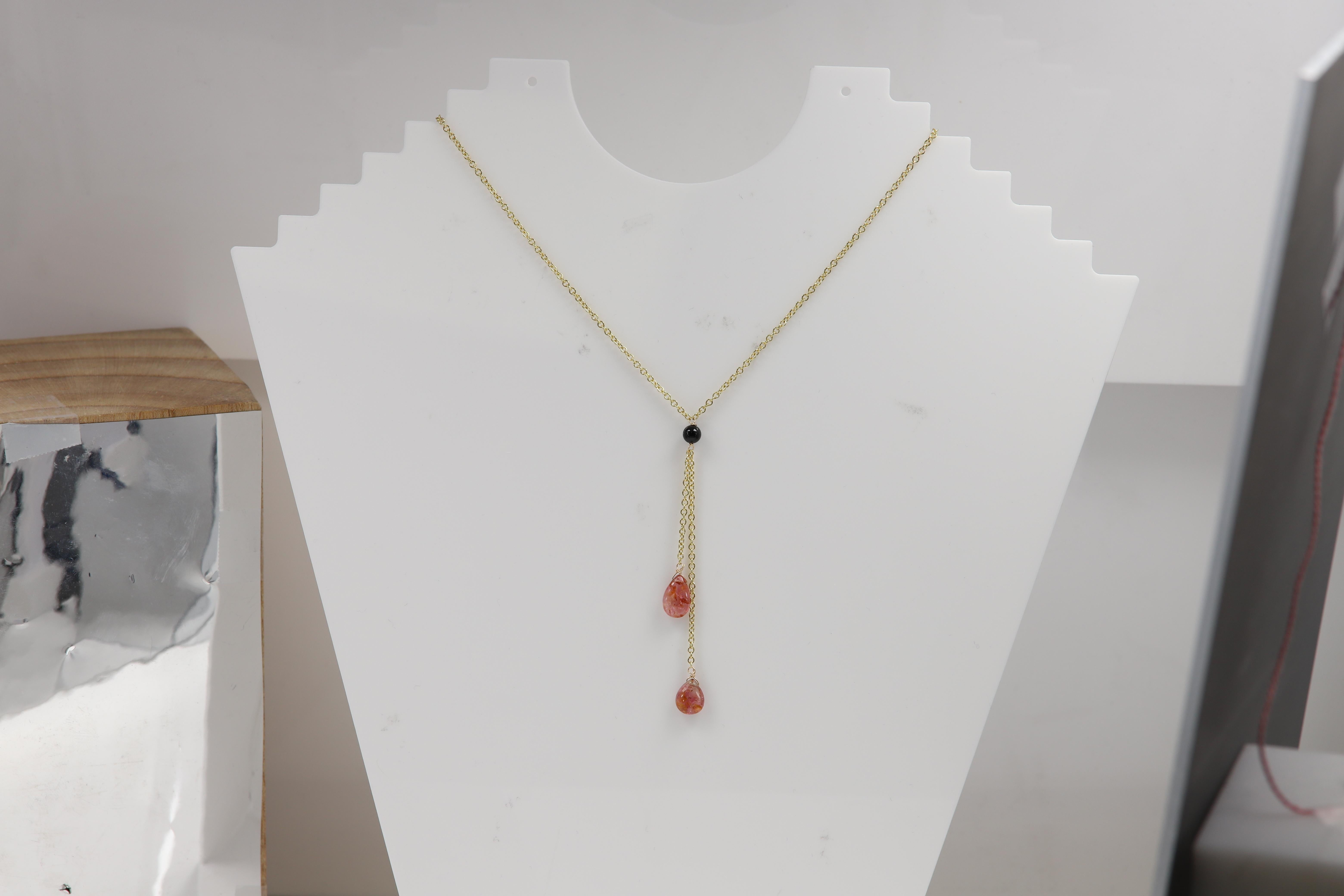 Women's Tourmaline Dangle Necklace 14 Karat Yellow Gold Pink Tourmaline Gemstone Drops For Sale