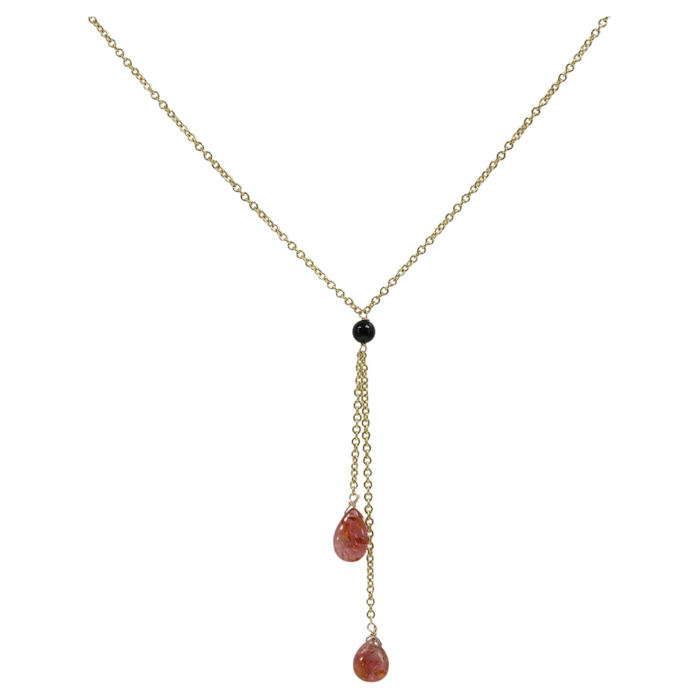 Tourmaline Dangle Necklace 14 Karat Yellow Gold Pink Tourmaline Gemstone Drops