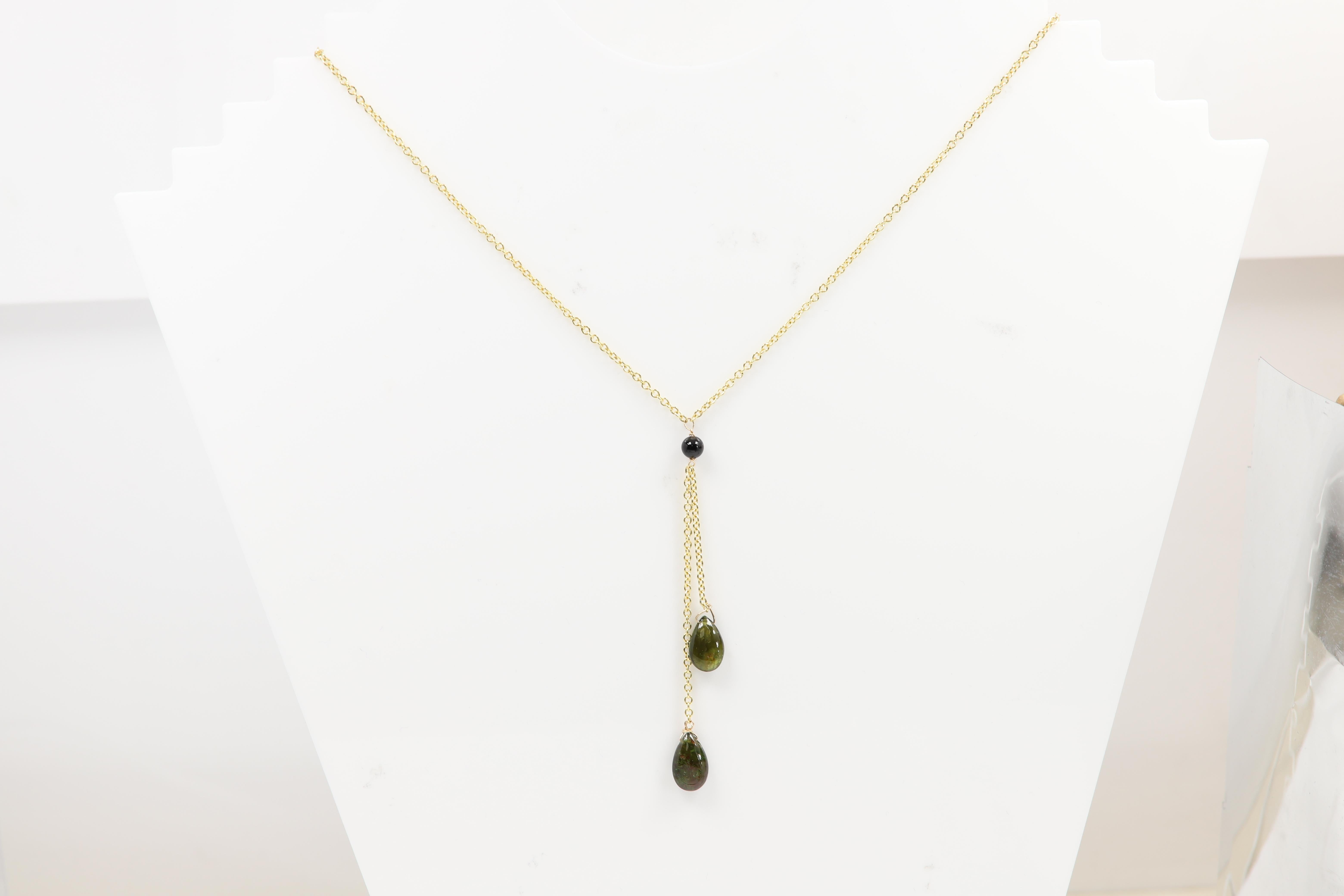 Pear Cut Tourmaline Dangle Necklace 14k Yellow Gold dark Green Gemstone Drops For Sale