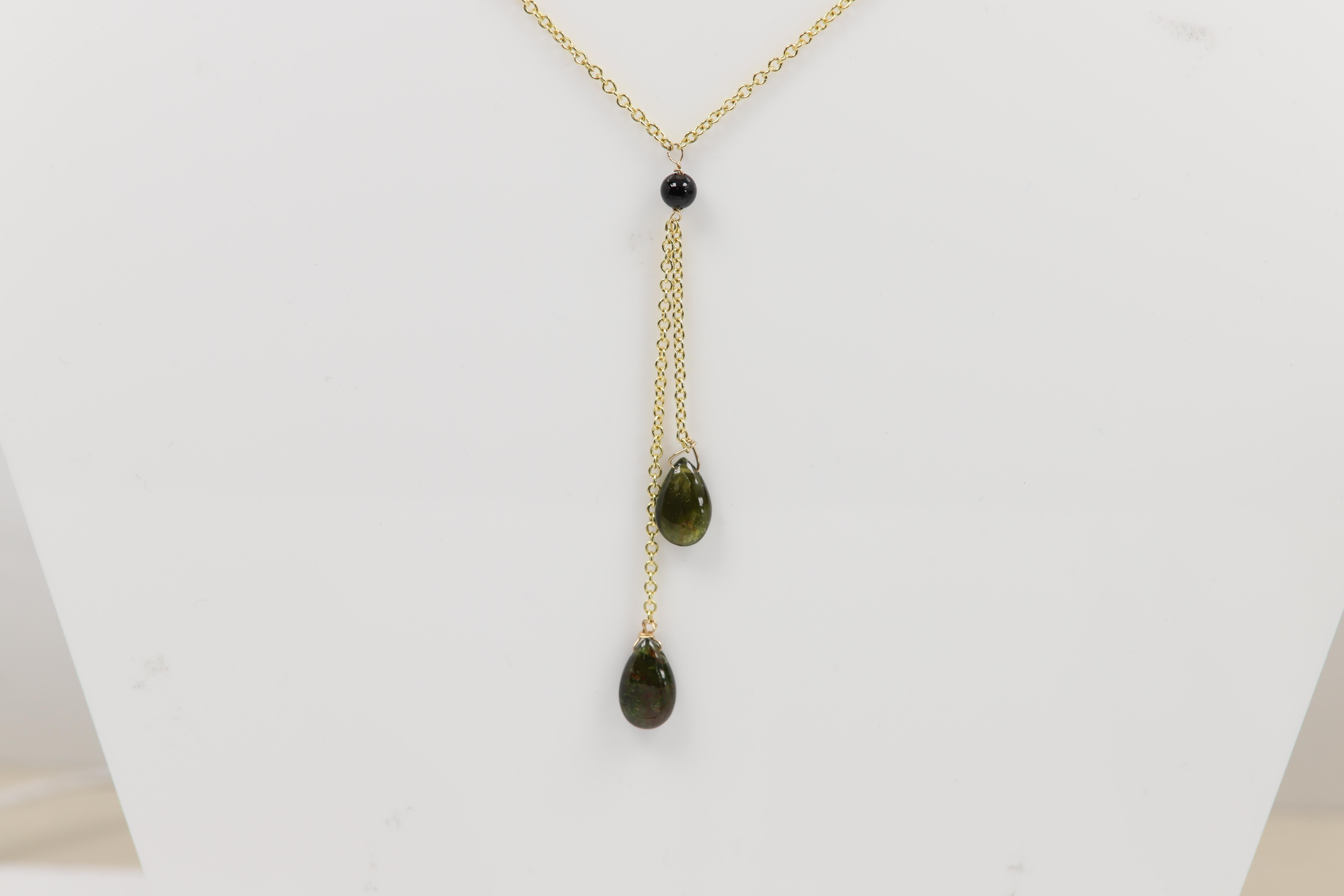 Tourmaline Dangle Necklace 14k Yellow Gold dark Green Gemstone Drops In New Condition For Sale In Brooklyn, NY