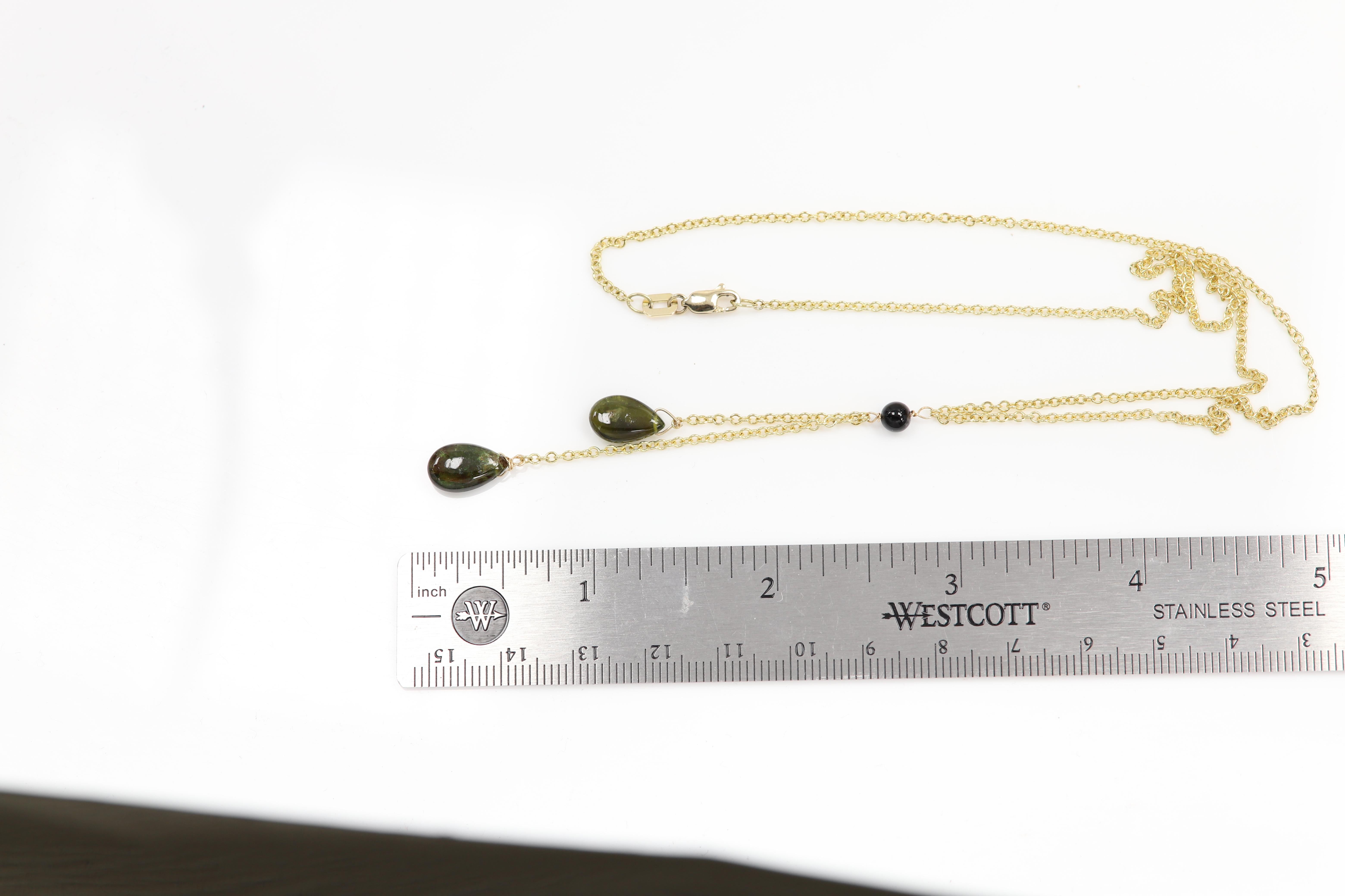 Tourmaline Dangle Necklace 14k Yellow Gold dark Green Gemstone Drops For Sale 1