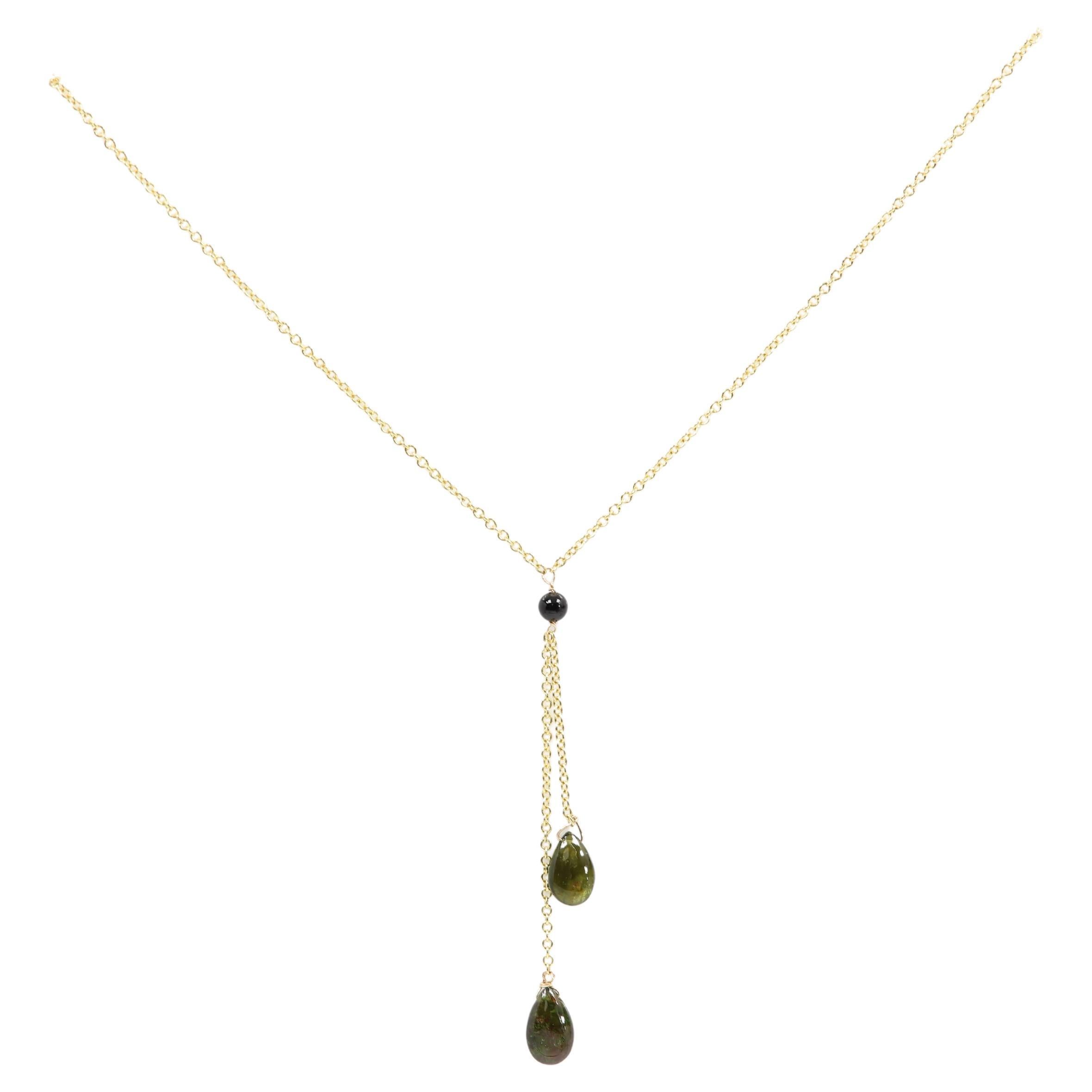 Tourmaline Dangle Necklace 14k Yellow Gold dark Green Gemstone Drops For Sale