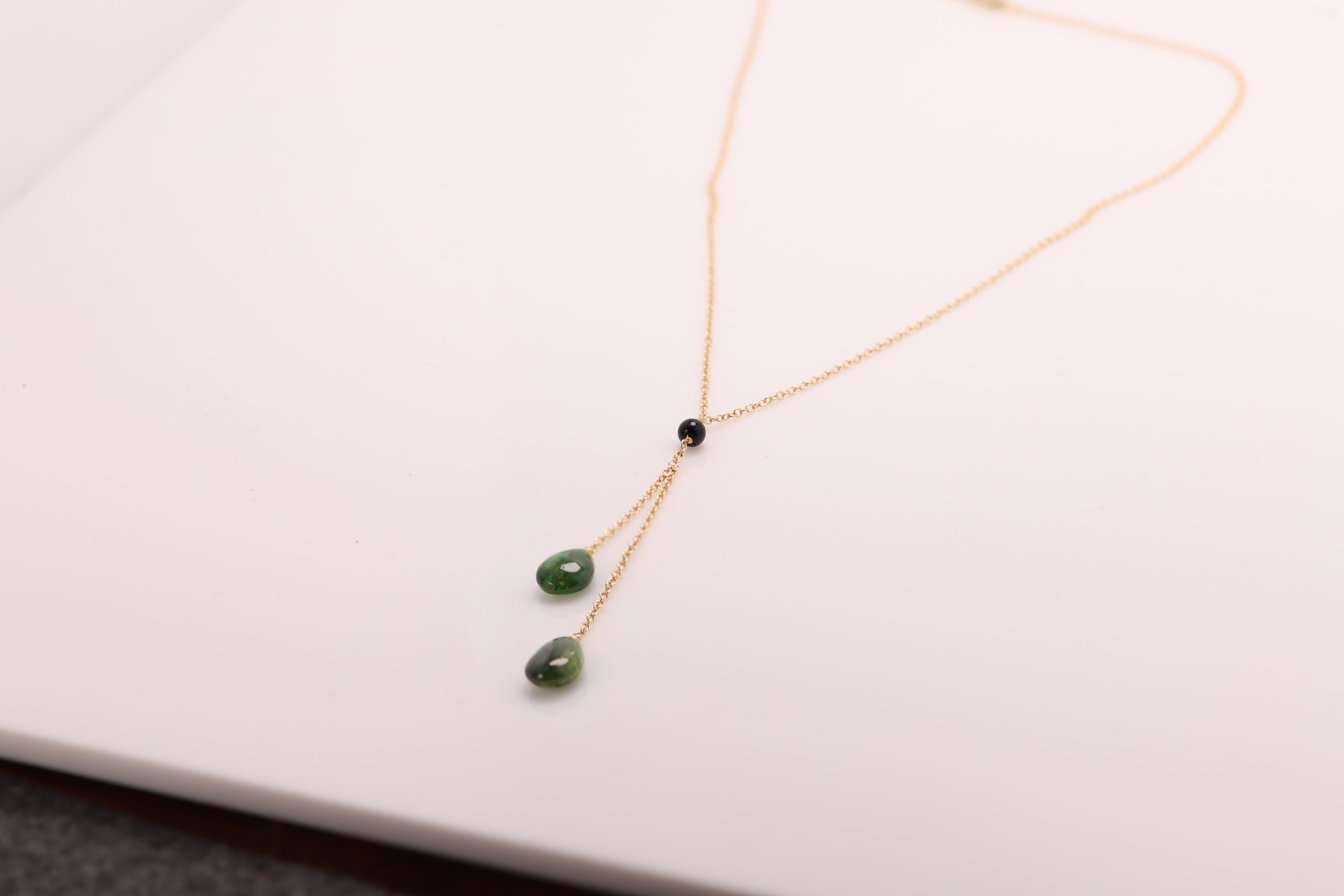 Tourmaline Dangle Necklace 14k Yellow Gold Green Gemstone Drops In New Condition In Brooklyn, NY