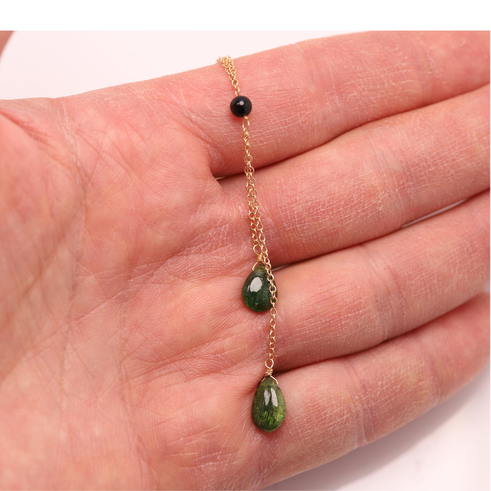 Women's Tourmaline Dangle Necklace 14k Yellow Gold Green Gemstone Drops