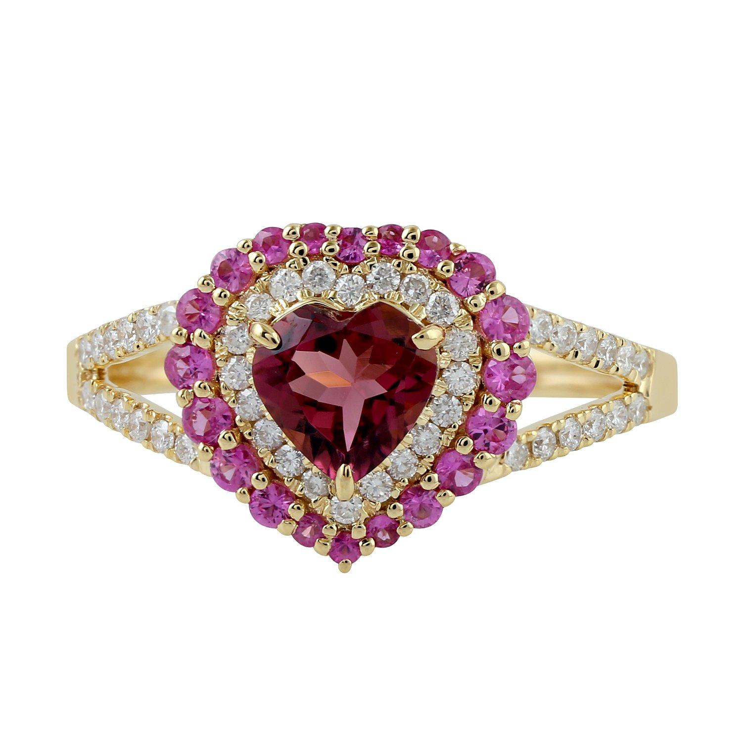 Mixed Cut Tourmaline Diamond 18 Karat Gold Heart Ring For Sale