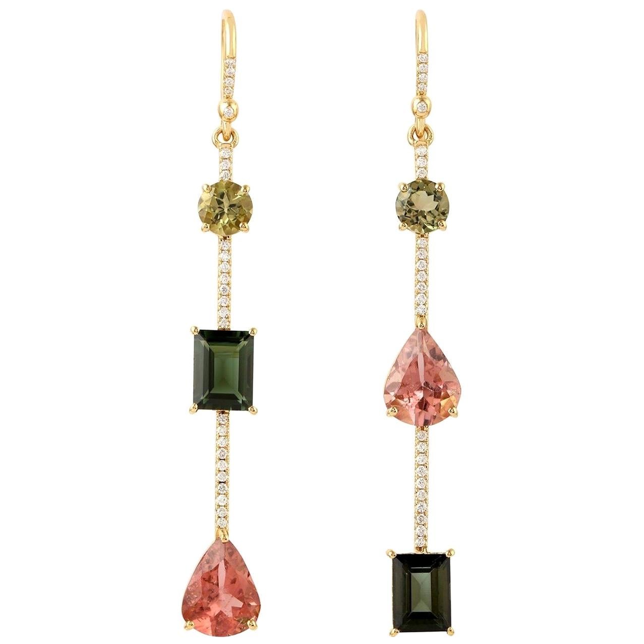 Tourmaline Diamond 18 Karat Gold Linear Earrings For Sale