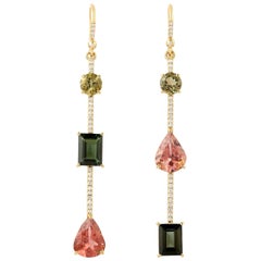 Tourmaline Diamond 18 Karat Gold Linear Earrings