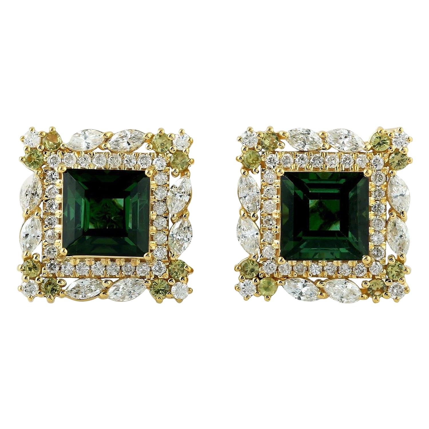 Green Tourmaline Diamond 18 Karat Gold Stud Earrings For Sale