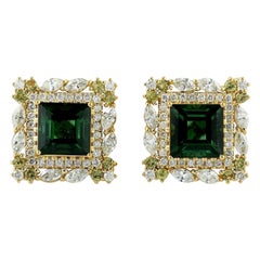 Green Tourmaline Diamond 18 Karat Gold Stud Earrings