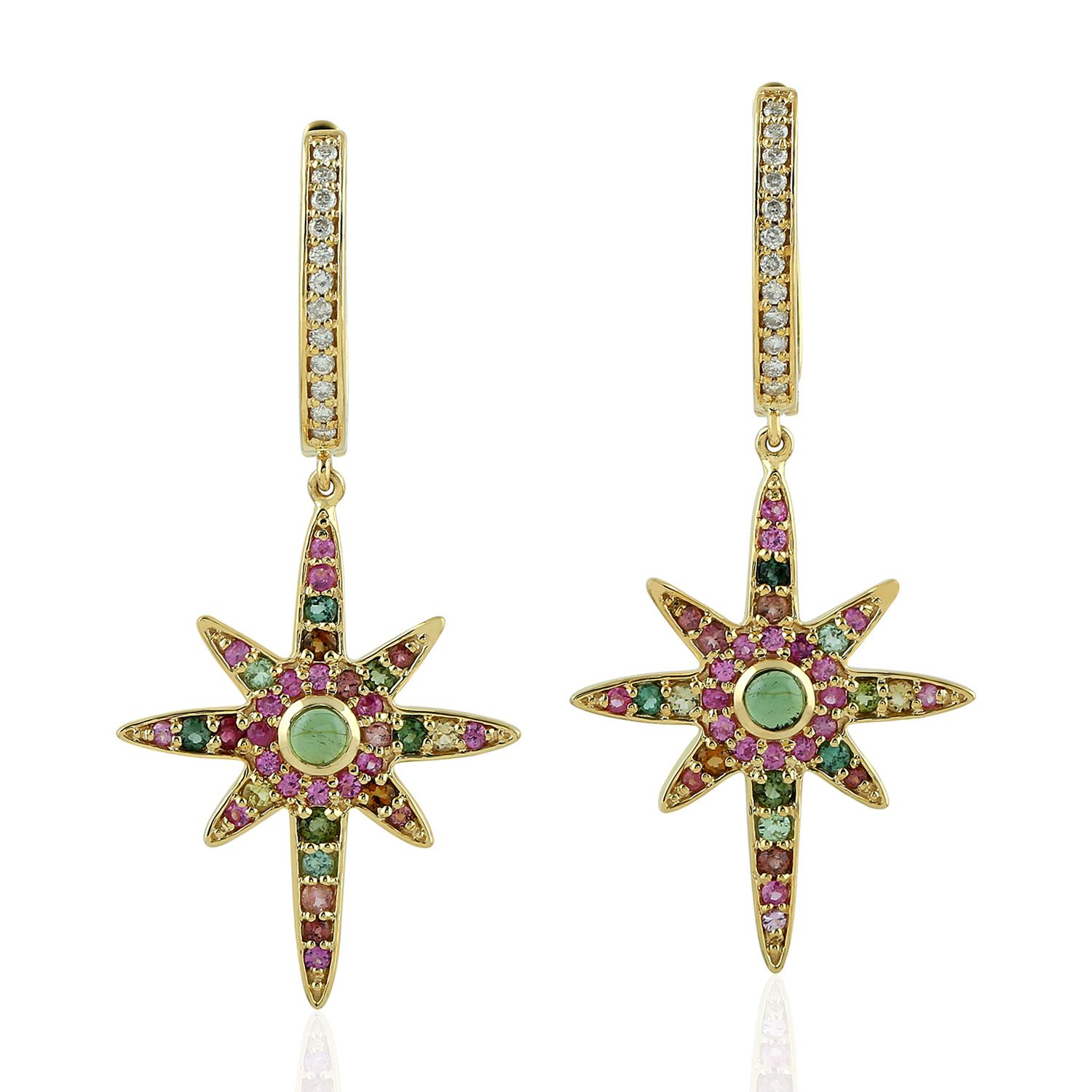 Modern Tourmaline Diamond 18 Karat Gold Star Earrings For Sale