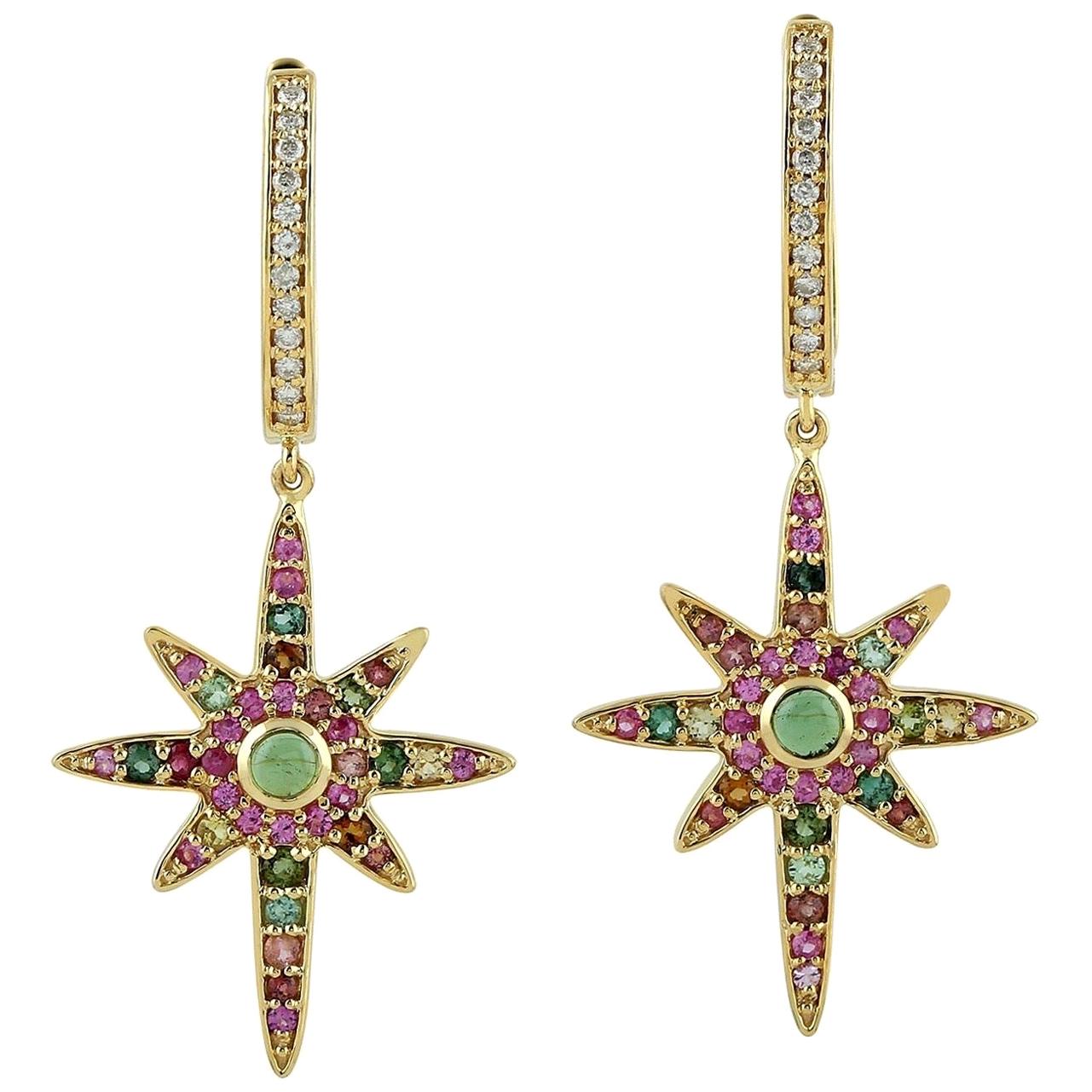 Tourmaline Diamond 18 Karat Gold Star Earrings