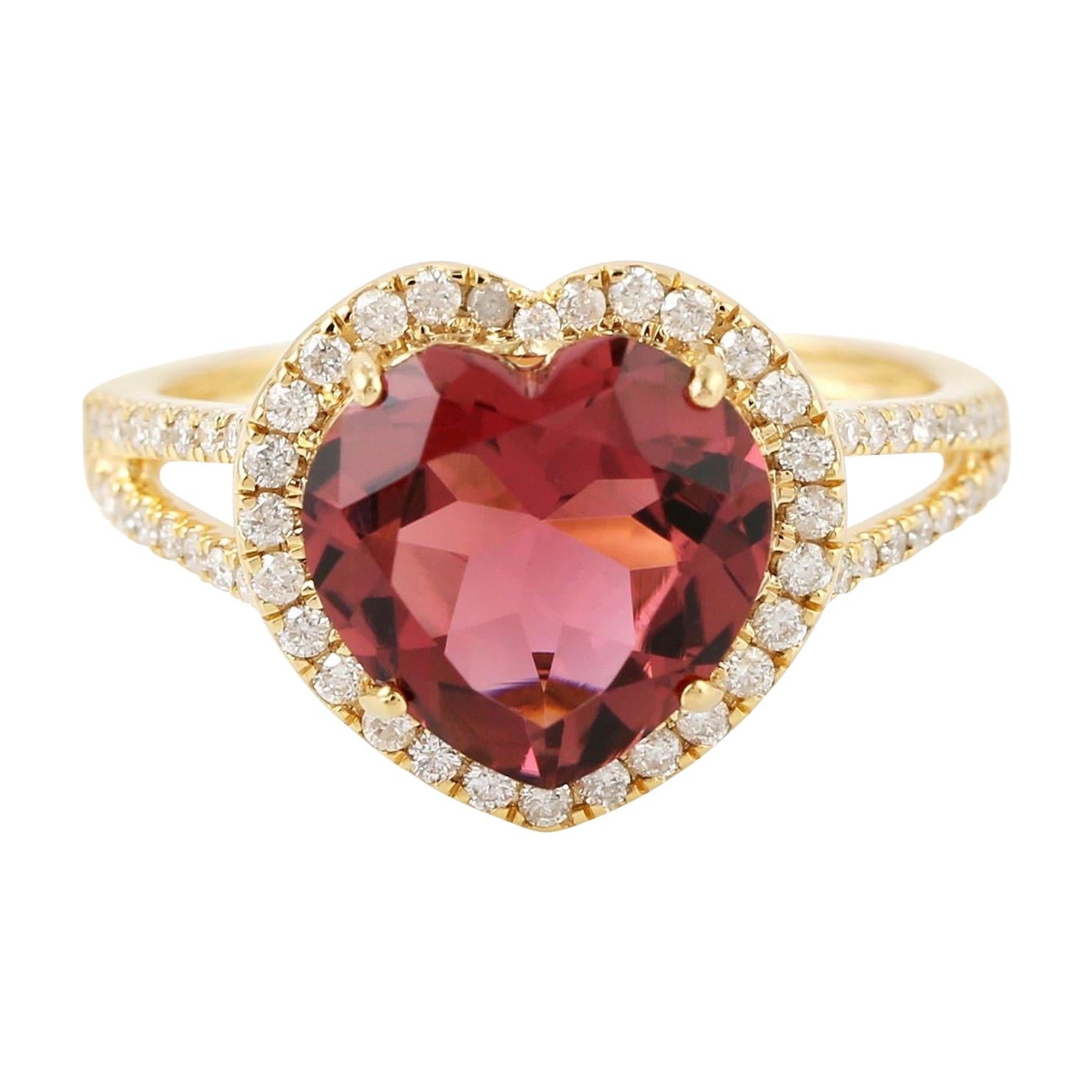 Tourmaline Diamond 18 Karat Heart Gold Ring For Sale