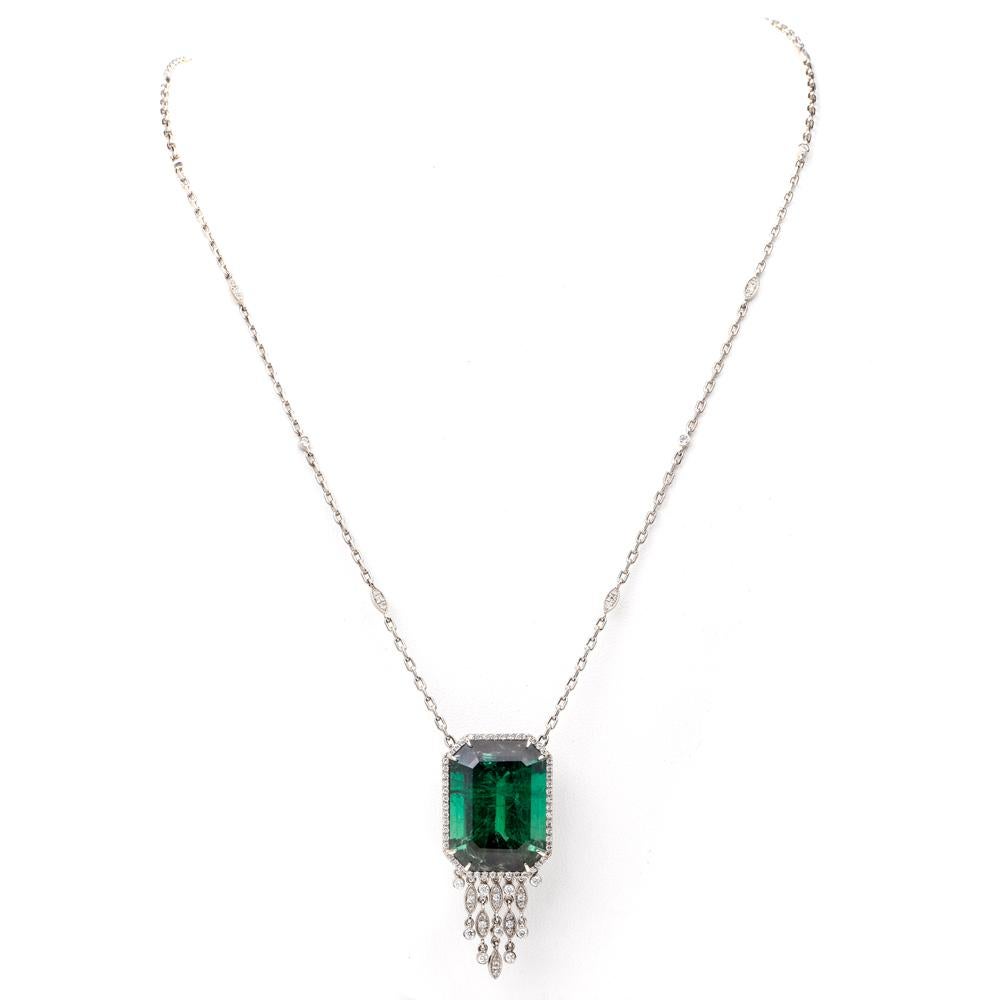Art Deco Tourmaline Diamond 18 Karat Gold Long Pendant Necklace