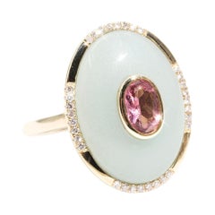 Tourmaline Diamond and Chalcedony Cabochon 9 Carat Yellow Gold Vintage Dome Ring