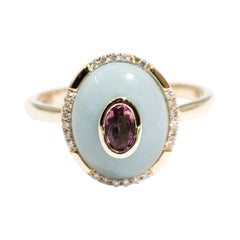 Tourmaline Diamond and Chalcedony Cabochon 9 Carat Yellow Gold Vintage Dome Ring