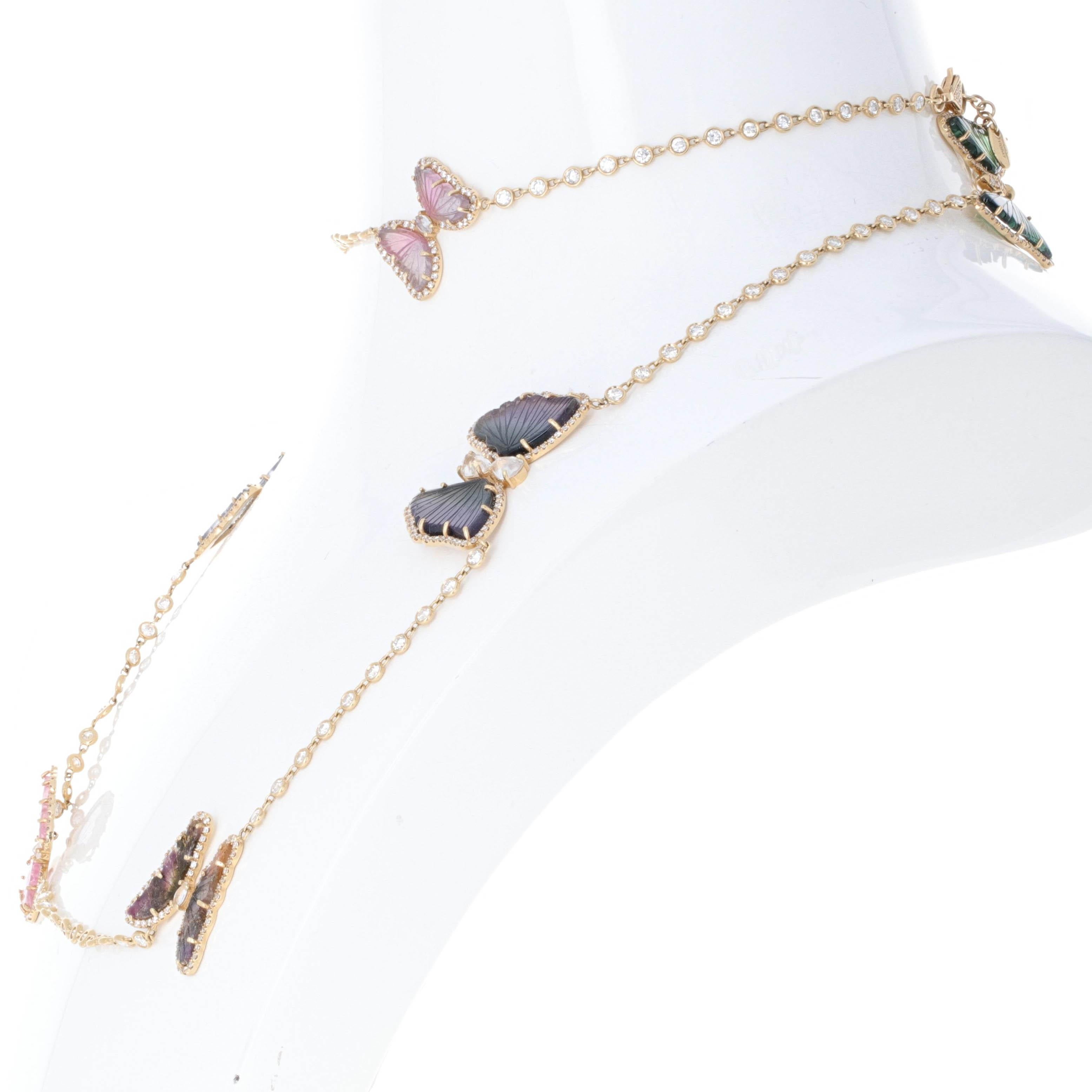 Tourmaline Diamond and Gemstone Butterfly Chain Necklace For Sale 4