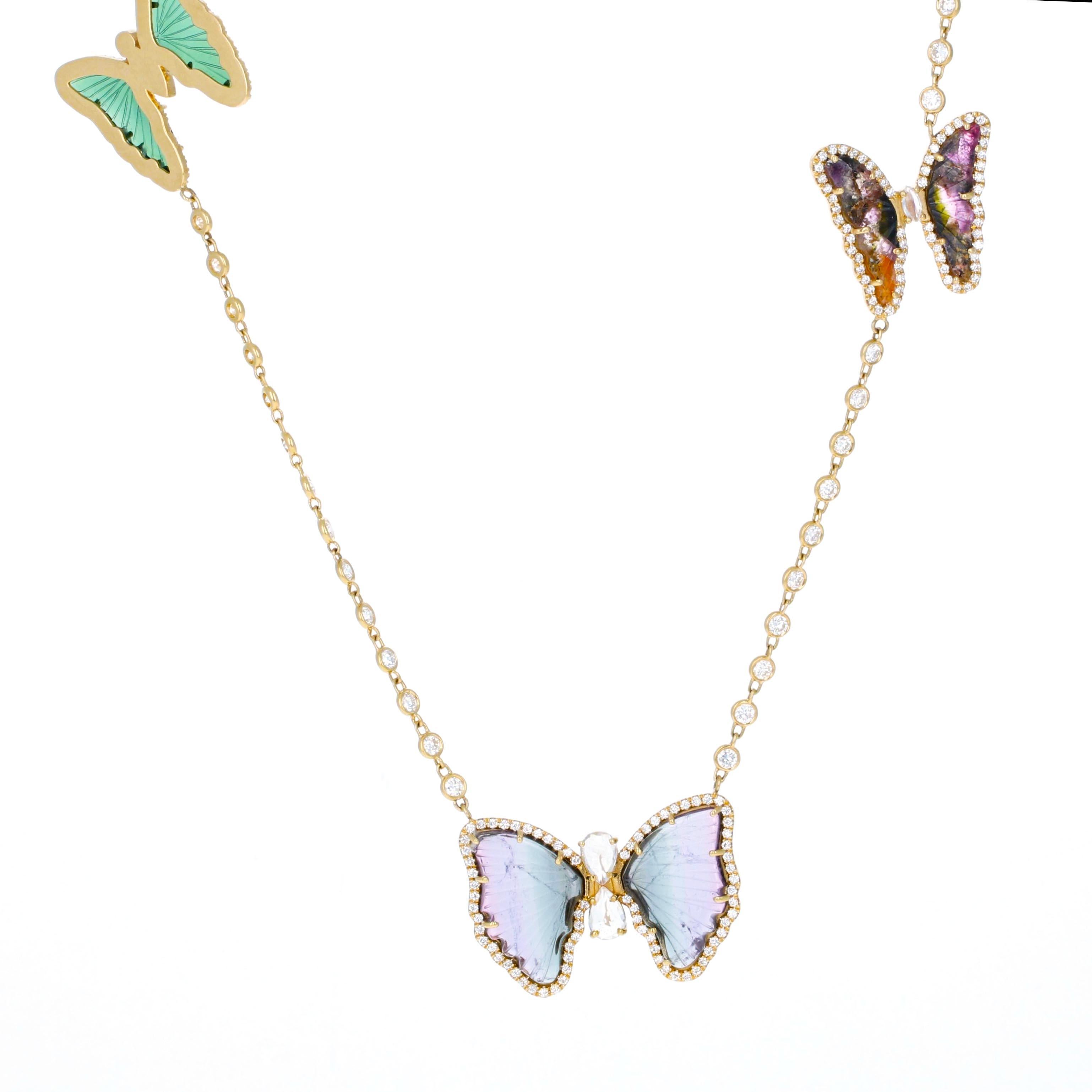 Tourmaline Diamond and Gemstone Butterfly Chain Necklace For Sale 5
